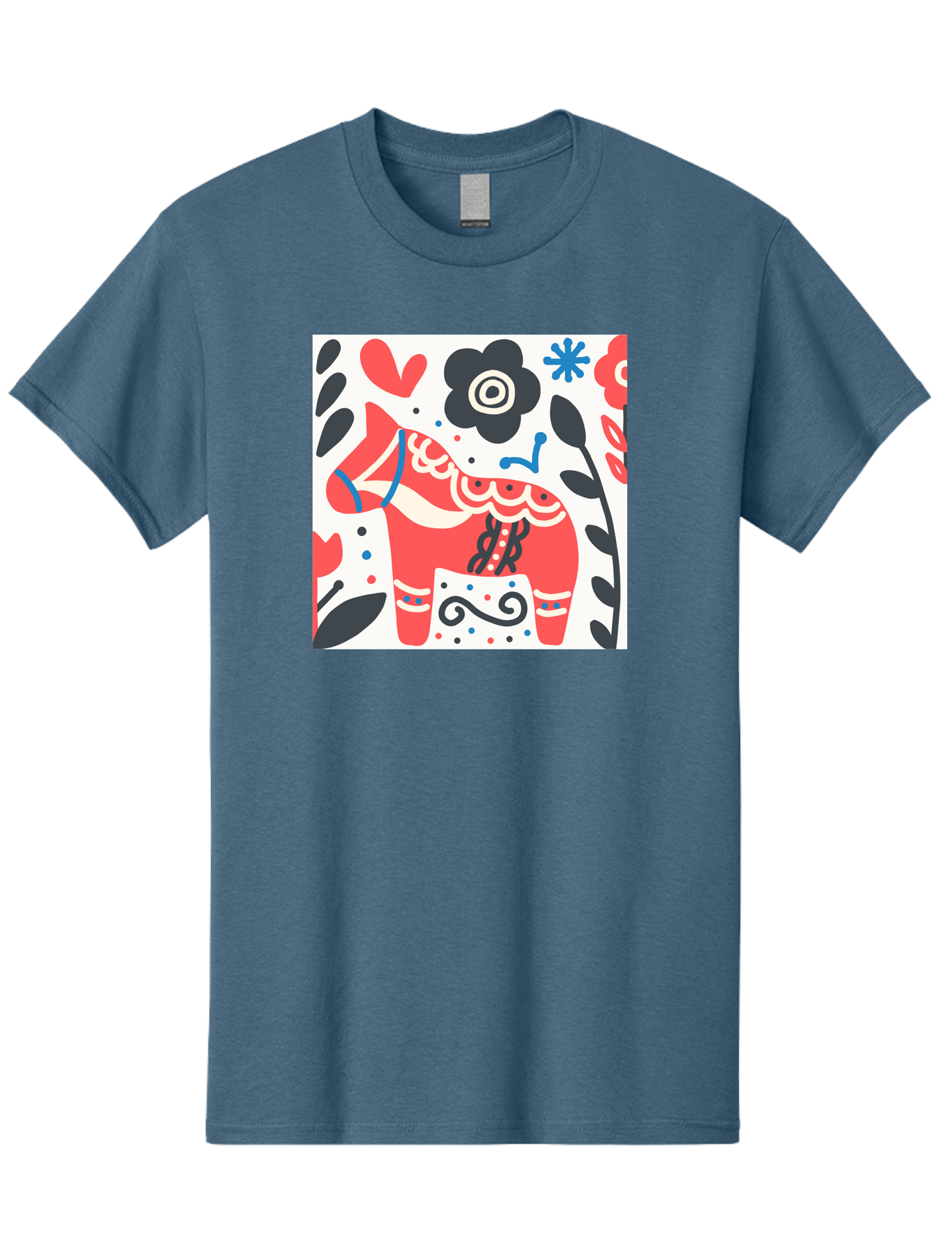 Red-Horse Men'S Graphic Tee, 100% Cotton, Comfortable Casual Summer Wear, Machine Washable, Red Dala Horse, Floral Pattern, Black And Red Flowers, Abstract Design, Folk Art, Swedish Heritage, Decorative Art, Vibrant Colors, Whimsical Design, Aab788 15