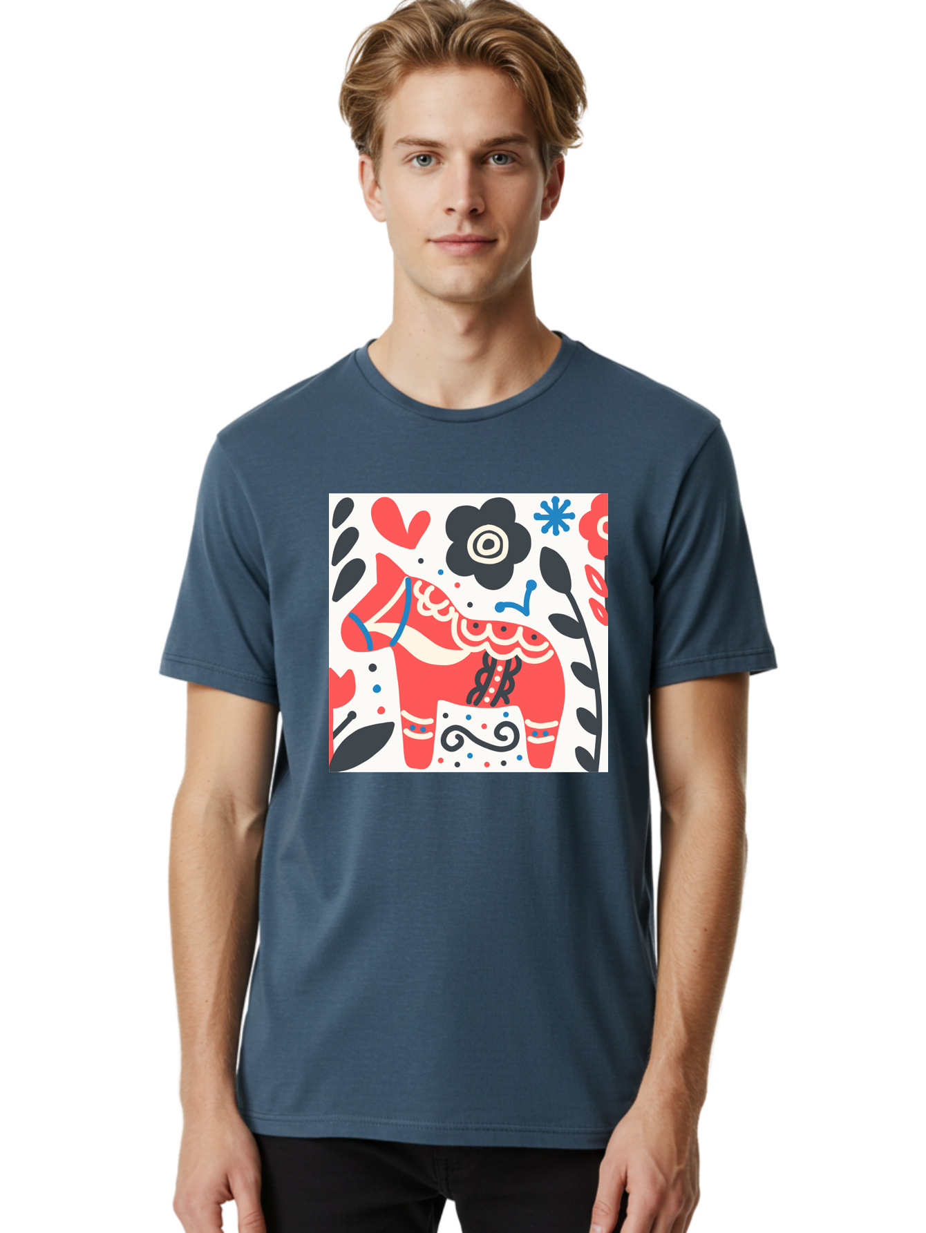 Red-Horse Men'S Graphic Tee, 100% Cotton, Comfortable Casual Summer Wear, Machine Washable, Red Dala Horse, Floral Pattern, Black And Red Flowers, Abstract Design, Folk Art, Swedish Heritage, Decorative Art, Vibrant Colors, Whimsical Design, Aab788 16