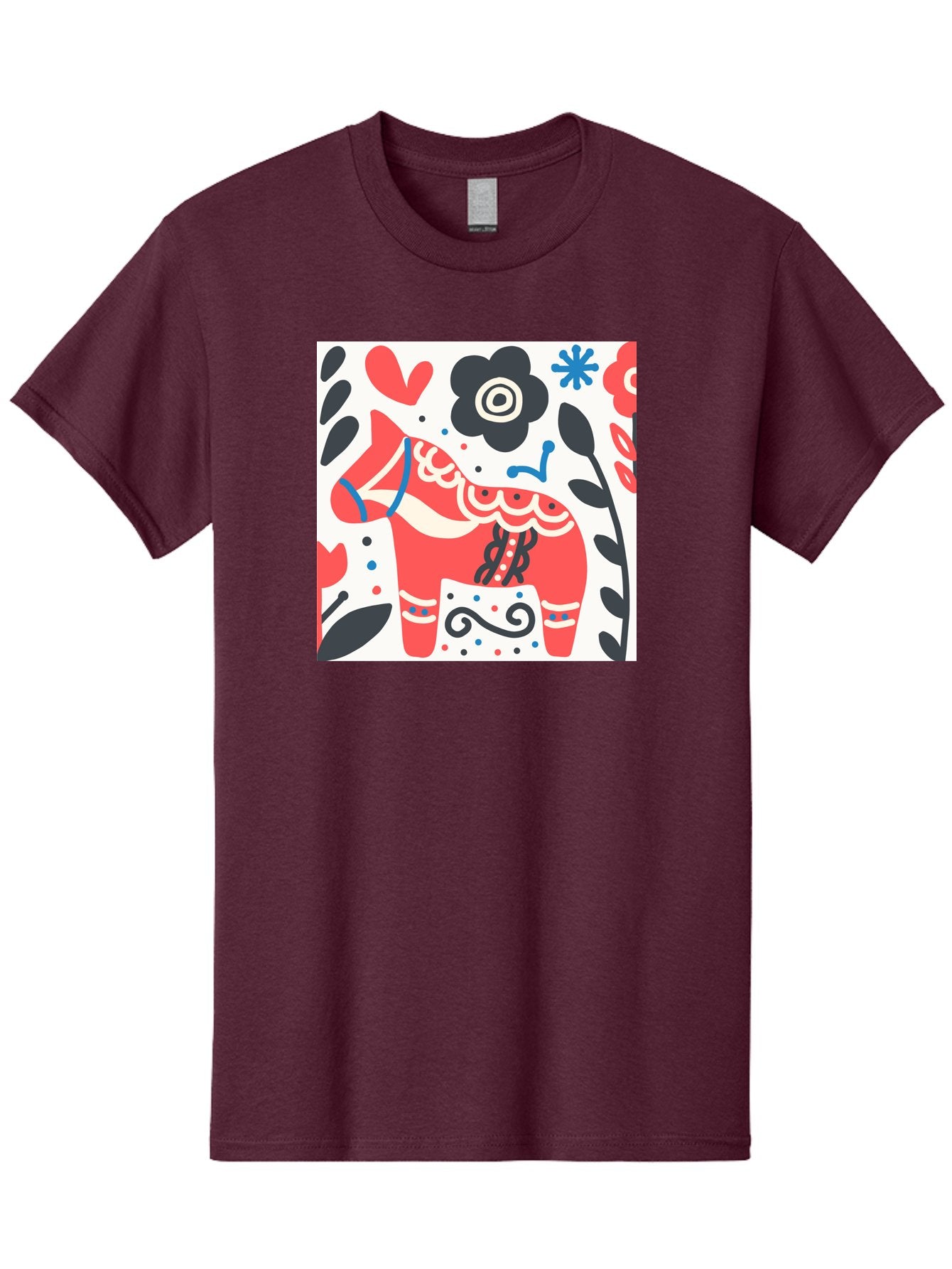 Red-Horse Men'S Graphic Tee, 100% Cotton, Comfortable Casual Summer Wear, Machine Washable, Red Dala Horse, Floral Pattern, Black And Red Flowers, Abstract Design, Folk Art, Swedish Heritage, Decorative Art, Vibrant Colors, Whimsical Design, Aab788 3