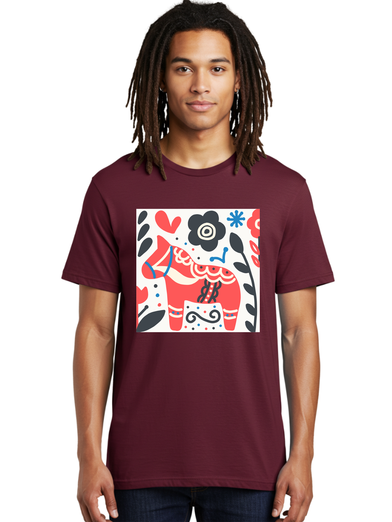 Red-Horse Men'S Graphic Tee, 100% Cotton, Comfortable Casual Summer Wear, Machine Washable, Red Dala Horse, Floral Pattern, Black And Red Flowers, Abstract Design, Folk Art, Swedish Heritage, Decorative Art, Vibrant Colors, Whimsical Design, Aab788 18