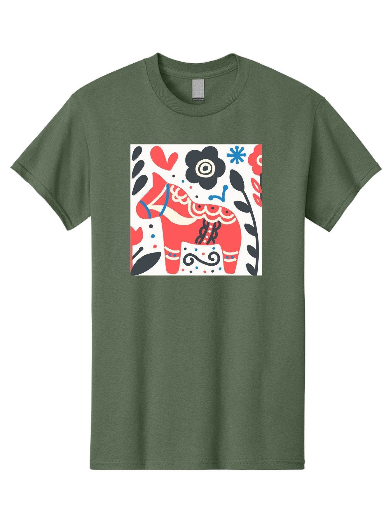 Red-Horse Men'S Graphic Tee, 100% Cotton, Comfortable Casual Summer Wear, Machine Washable, Red Dala Horse, Floral Pattern, Black And Red Flowers, Abstract Design, Folk Art, Swedish Heritage, Decorative Art, Vibrant Colors, Whimsical Design, Aab788 4
