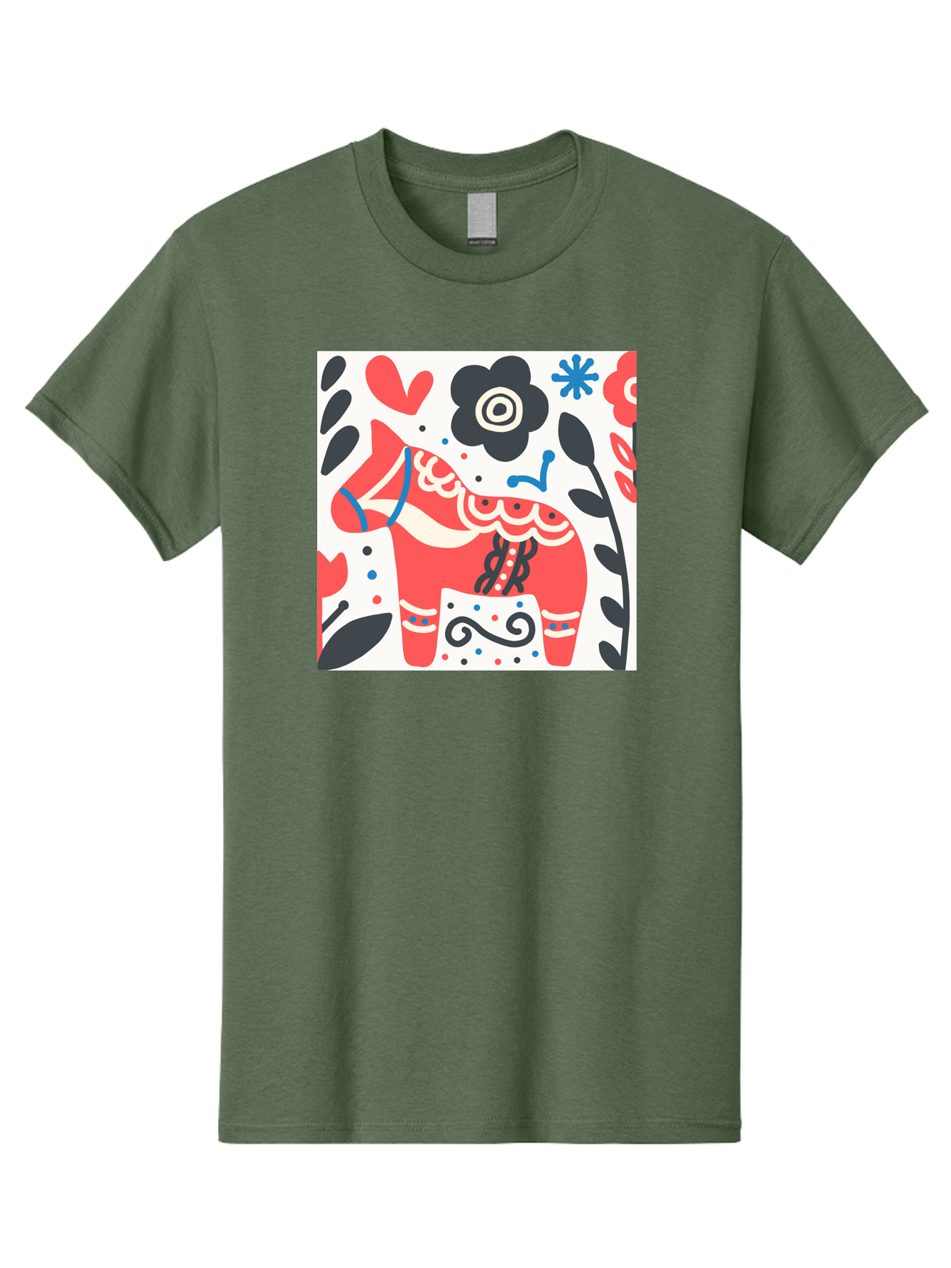 Red-Horse Men'S Graphic Tee, 100% Cotton, Comfortable Casual Summer Wear, Machine Washable, Red Dala Horse, Floral Pattern, Black And Red Flowers, Abstract Design, Folk Art, Swedish Heritage, Decorative Art, Vibrant Colors, Whimsical Design, Aab788 23