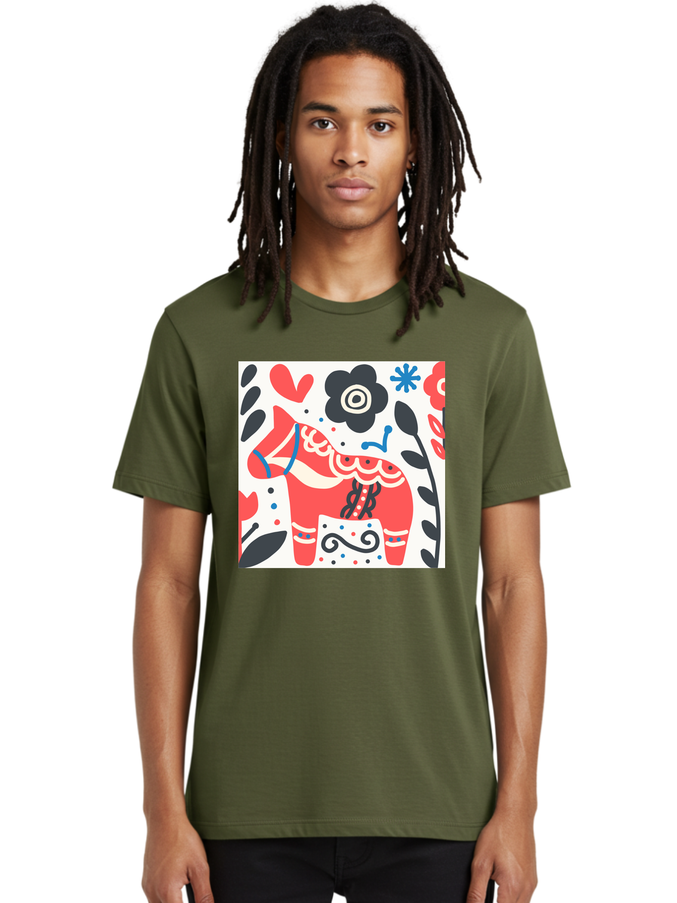 Red-Horse Men'S Graphic Tee, 100% Cotton, Comfortable Casual Summer Wear, Machine Washable, Red Dala Horse, Floral Pattern, Black And Red Flowers, Abstract Design, Folk Art, Swedish Heritage, Decorative Art, Vibrant Colors, Whimsical Design, Aab788 24