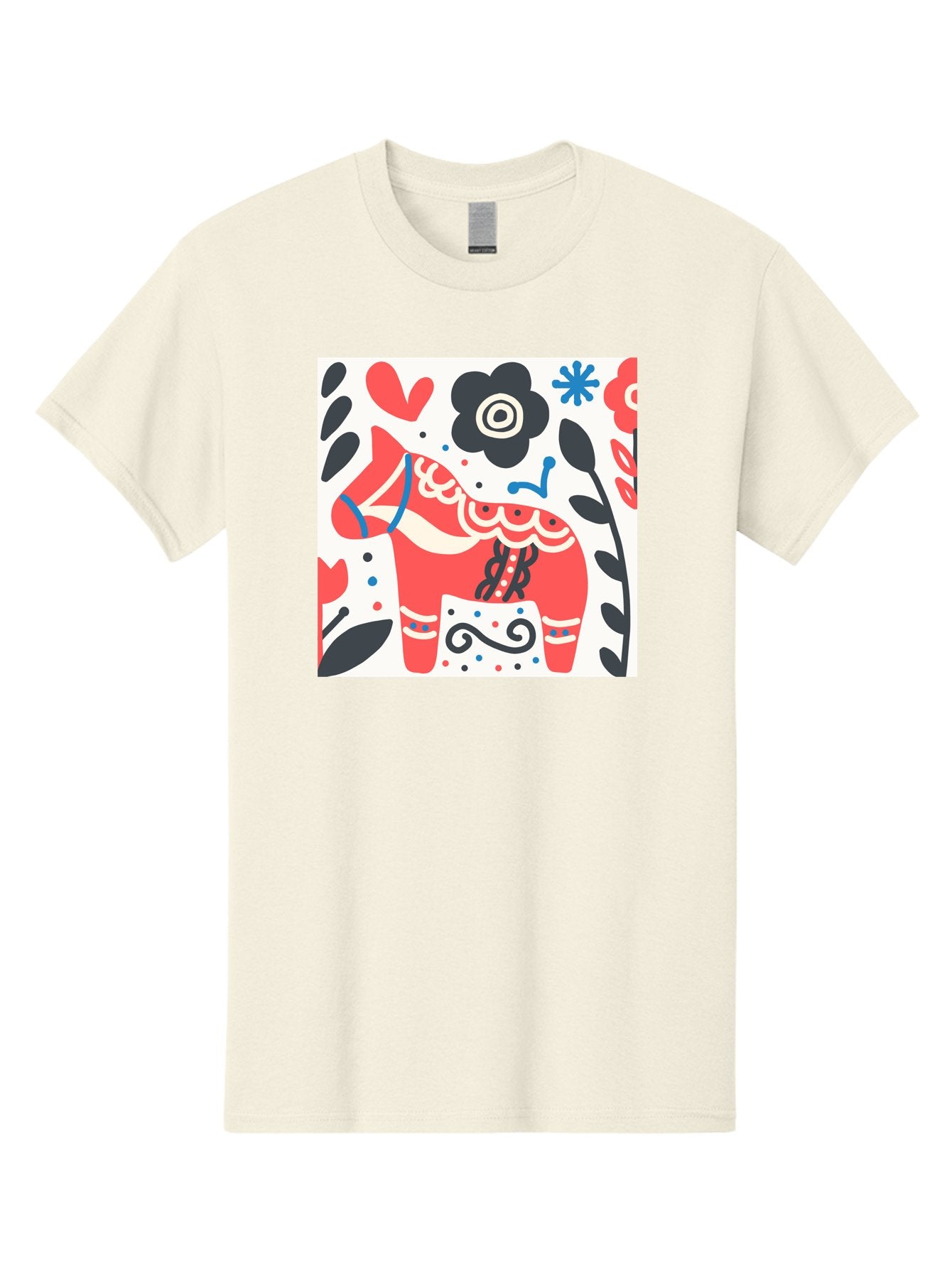 Red-Horse Men'S Graphic Tee, 100% Cotton, Comfortable Casual Summer Wear, Machine Washable, Red Dala Horse, Floral Pattern, Black And Red Flowers, Abstract Design, Folk Art, Swedish Heritage, Decorative Art, Vibrant Colors, Whimsical Design, Aab788 15