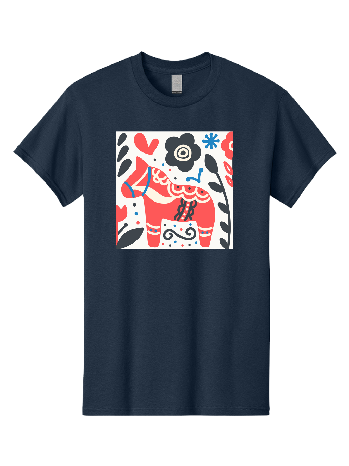 Red-Horse Men'S Graphic Tee, 100% Cotton, Comfortable Casual Summer Wear, Machine Washable, Red Dala Horse, Floral Pattern, Black And Red Flowers, Abstract Design, Folk Art, Swedish Heritage, Decorative Art, Vibrant Colors, Whimsical Design, Aab788 21