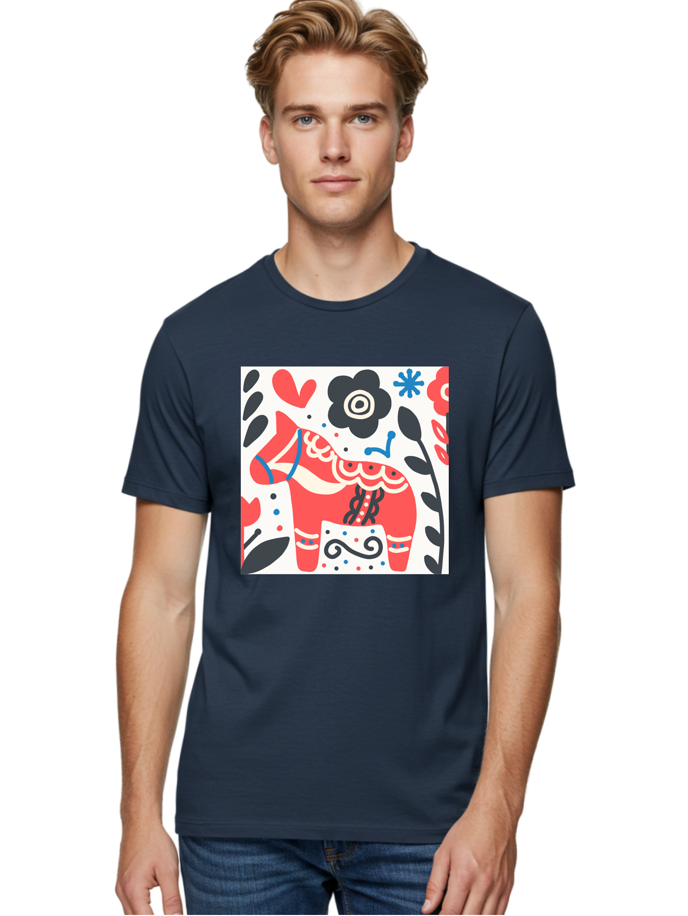 Red-Horse Men'S Graphic Tee, 100% Cotton, Comfortable Casual Summer Wear, Machine Washable, Red Dala Horse, Floral Pattern, Black And Red Flowers, Abstract Design, Folk Art, Swedish Heritage, Decorative Art, Vibrant Colors, Whimsical Design, Aab788 22