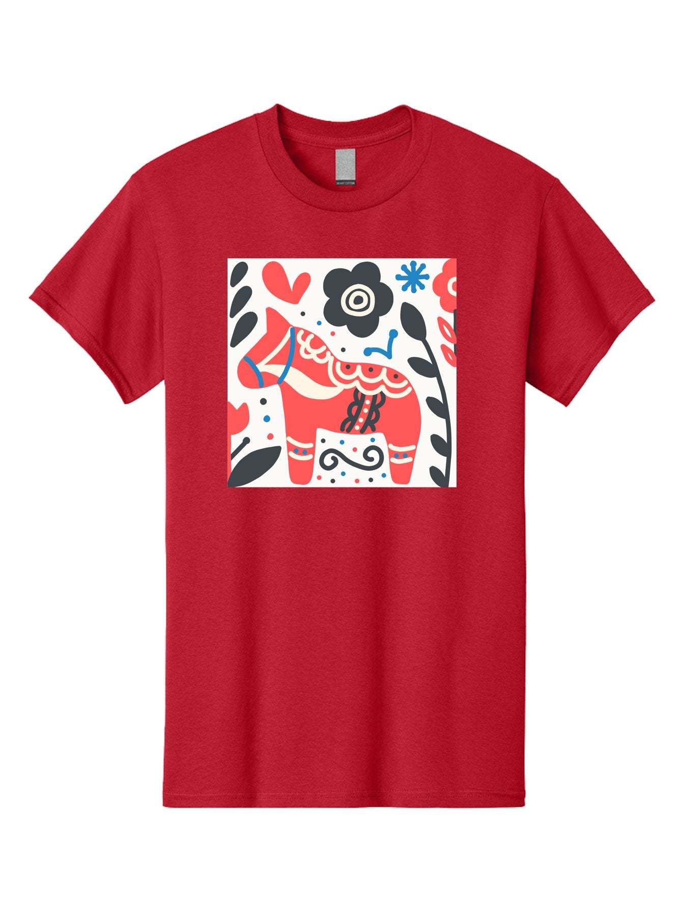 Red-Horse Men'S Graphic Tee, 100% Cotton, Comfortable Casual Summer Wear, Machine Washable, Red Dala Horse, Floral Pattern, Black And Red Flowers, Abstract Design, Folk Art, Swedish Heritage, Decorative Art, Vibrant Colors, Whimsical Design, Aab788 6