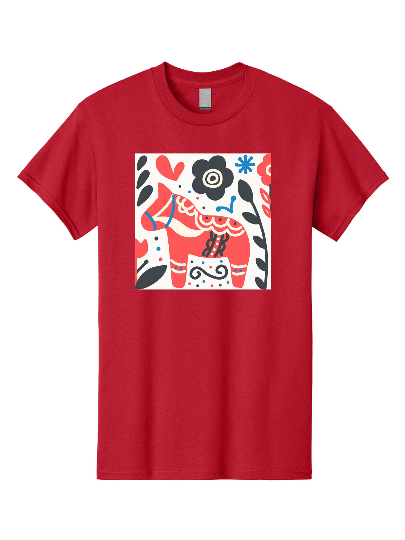 Red-Horse Men'S Graphic Tee, 100% Cotton, Comfortable Casual Summer Wear, Machine Washable, Red Dala Horse, Floral Pattern, Black And Red Flowers, Abstract Design, Folk Art, Swedish Heritage, Decorative Art, Vibrant Colors, Whimsical Design, Aab788 13