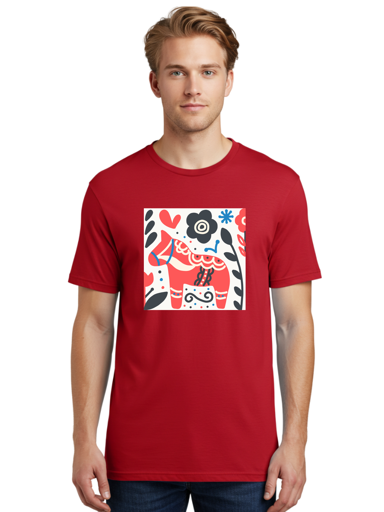Red-Horse Men'S Graphic Tee, 100% Cotton, Comfortable Casual Summer Wear, Machine Washable, Red Dala Horse, Floral Pattern, Black And Red Flowers, Abstract Design, Folk Art, Swedish Heritage, Decorative Art, Vibrant Colors, Whimsical Design, Aab788 14