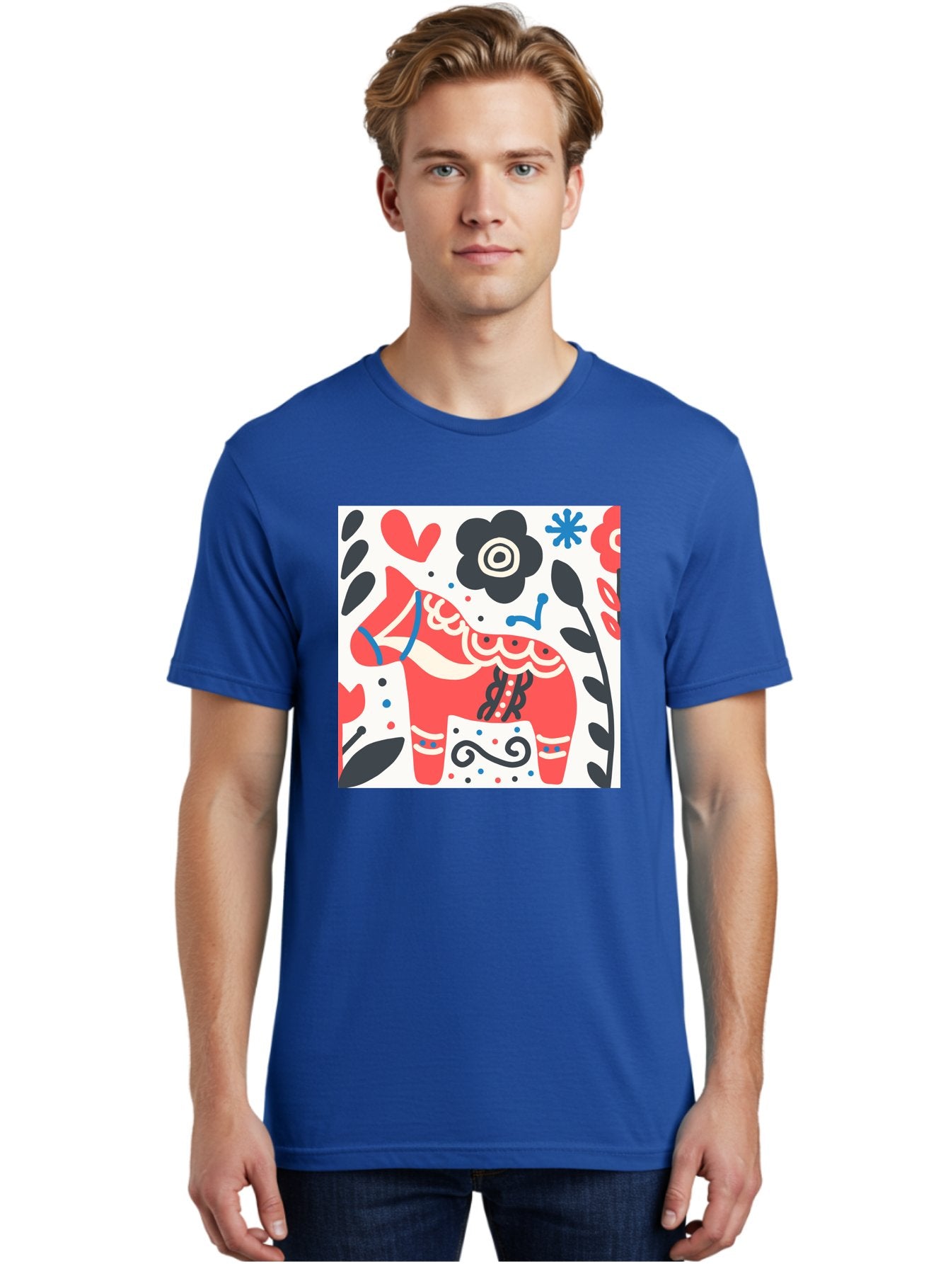 Red-Horse Men'S Graphic Tee, 100% Cotton, Comfortable Casual Summer Wear, Machine Washable, Red Dala Horse, Floral Pattern, Black And Red Flowers, Abstract Design, Folk Art, Swedish Heritage, Decorative Art, Vibrant Colors, Whimsical Design, Aab788 16
