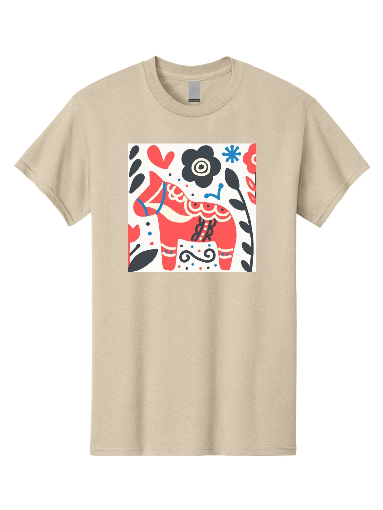 Red-Horse Men'S Graphic Tee, 100% Cotton, Comfortable Casual Summer Wear, Machine Washable, Red Dala Horse, Floral Pattern, Black And Red Flowers, Abstract Design, Folk Art, Swedish Heritage, Decorative Art, Vibrant Colors, Whimsical Design, Aab788 10