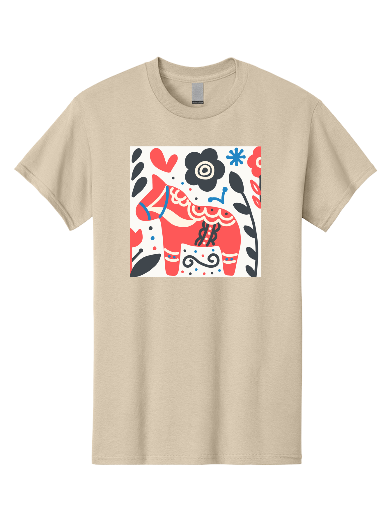 Red-Horse Men'S Graphic Tee, 100% Cotton, Comfortable Casual Summer Wear, Machine Washable, Red Dala Horse, Floral Pattern, Black And Red Flowers, Abstract Design, Folk Art, Swedish Heritage, Decorative Art, Vibrant Colors, Whimsical Design, Aab788 27