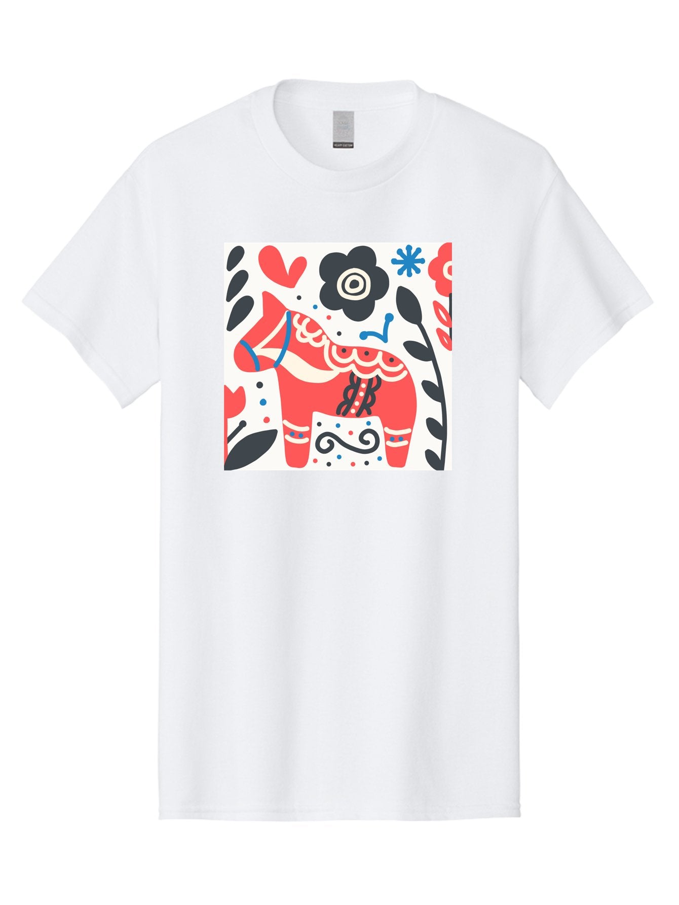Red-Horse Men'S Graphic Tee, 100% Cotton, Comfortable Casual Summer Wear, Machine Washable, Red Dala Horse, Floral Pattern, Black And Red Flowers, Abstract Design, Folk Art, Swedish Heritage, Decorative Art, Vibrant Colors, Whimsical Design, Aab788