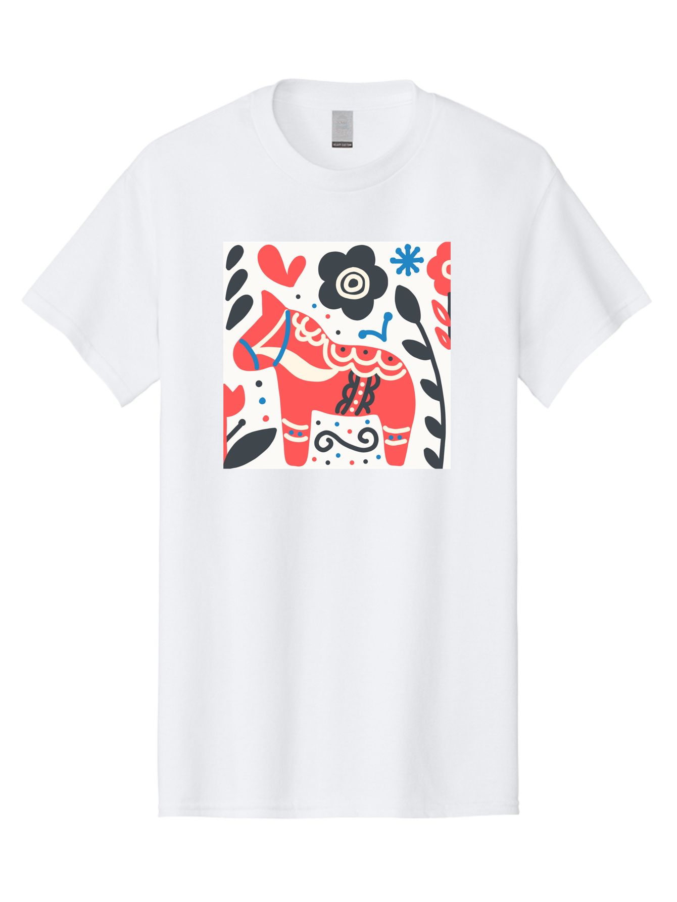 Red-Horse Men'S Graphic Tee, 100% Cotton, Comfortable Casual Summer Wear, Machine Washable, Red Dala Horse, Floral Pattern, Black And Red Flowers, Abstract Design, Folk Art, Swedish Heritage, Decorative Art, Vibrant Colors, Whimsical Design, Aab788 19