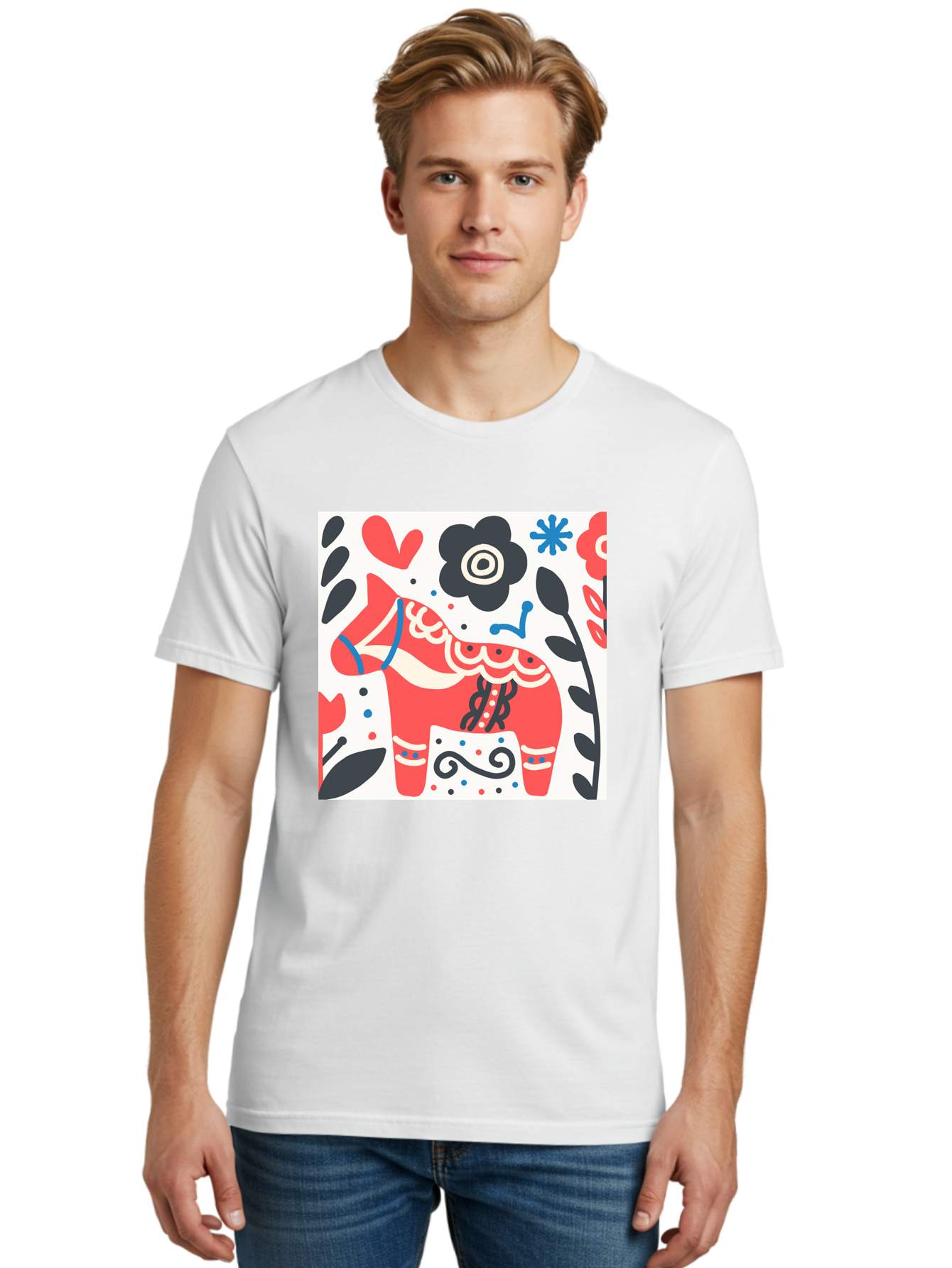 Red-Horse Men'S Graphic Tee, 100% Cotton, Comfortable Casual Summer Wear, Machine Washable, Red Dala Horse, Floral Pattern, Black And Red Flowers, Abstract Design, Folk Art, Swedish Heritage, Decorative Art, Vibrant Colors, Whimsical Design, Aab788 20