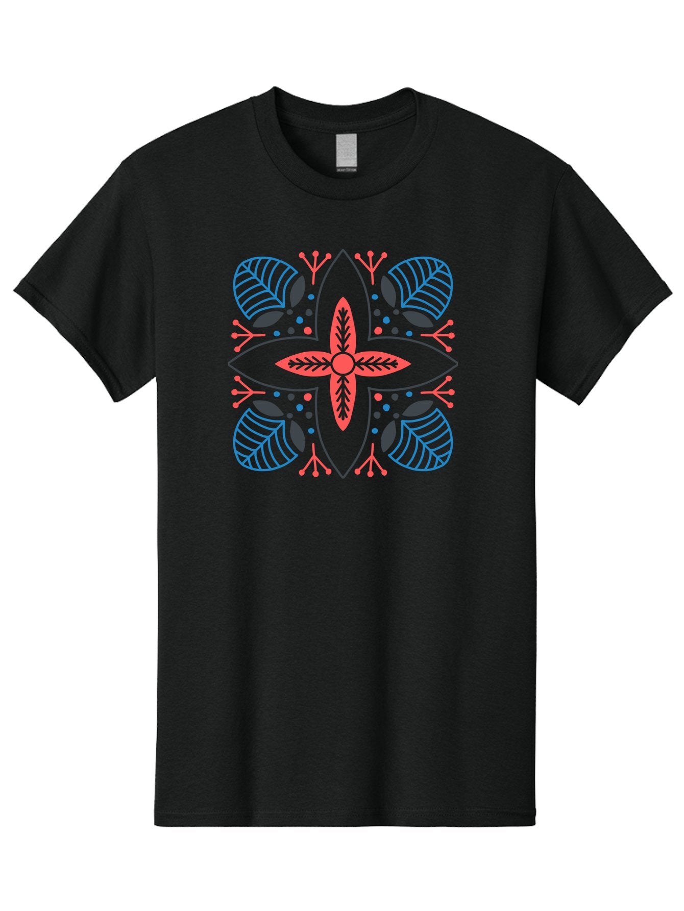 Rosette-Pattern Men'S Graphic Tee, 100% Cotton, Comfortable Casual Summer Wear, Machine Washable, Symmetrical Floral Design, Red And Blue Petals, White Background, Black Outlines, Leaf Patterns, Colorful Dots, Abstract Art, Decorative Motif, Aab790 13