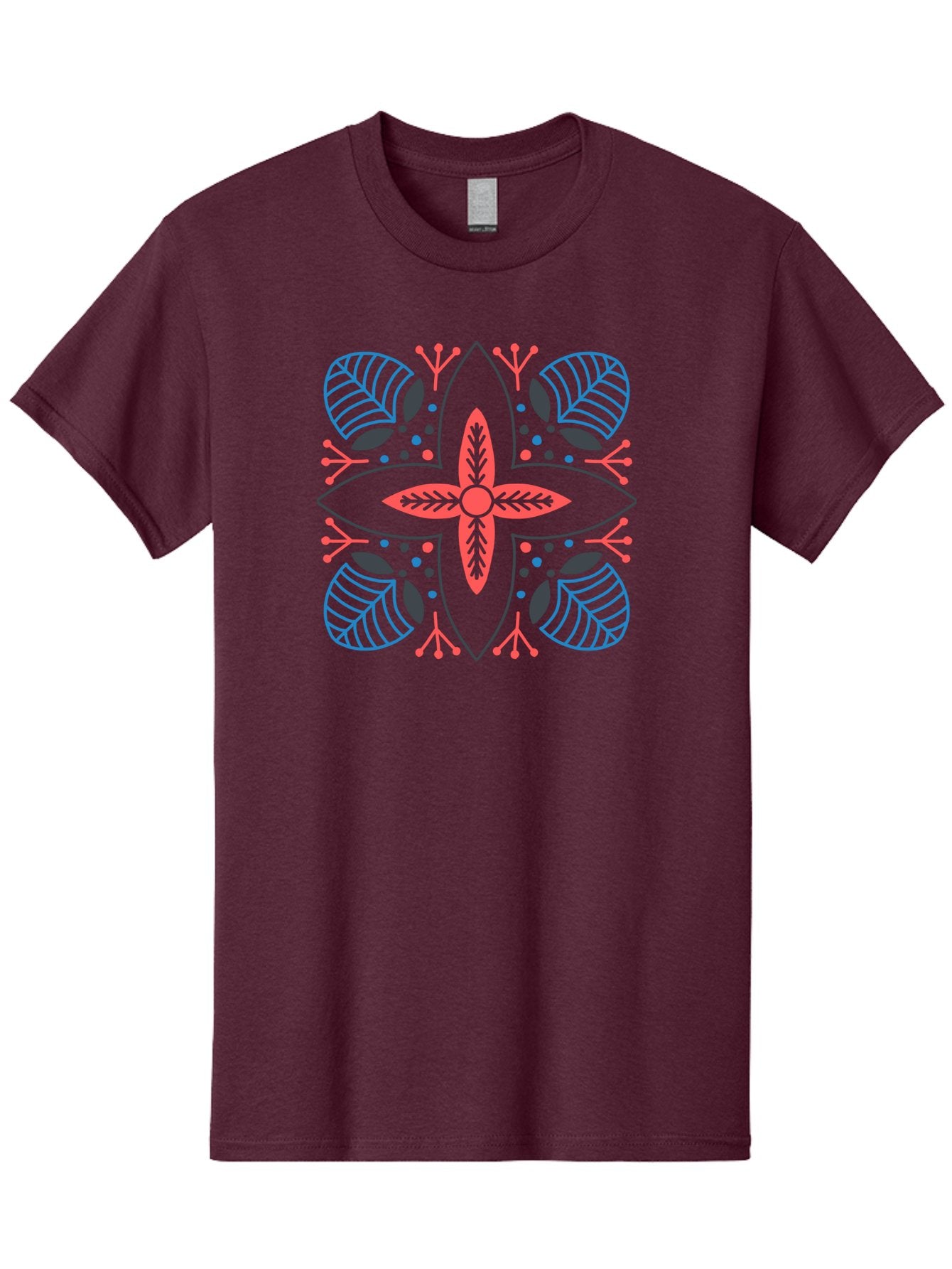 Rosette-Pattern Men'S Graphic Tee, 100% Cotton, Comfortable Casual Summer Wear, Machine Washable, Symmetrical Floral Design, Red And Blue Petals, White Background, Black Outlines, Leaf Patterns, Colorful Dots, Abstract Art, Decorative Motif, Aab790 10
