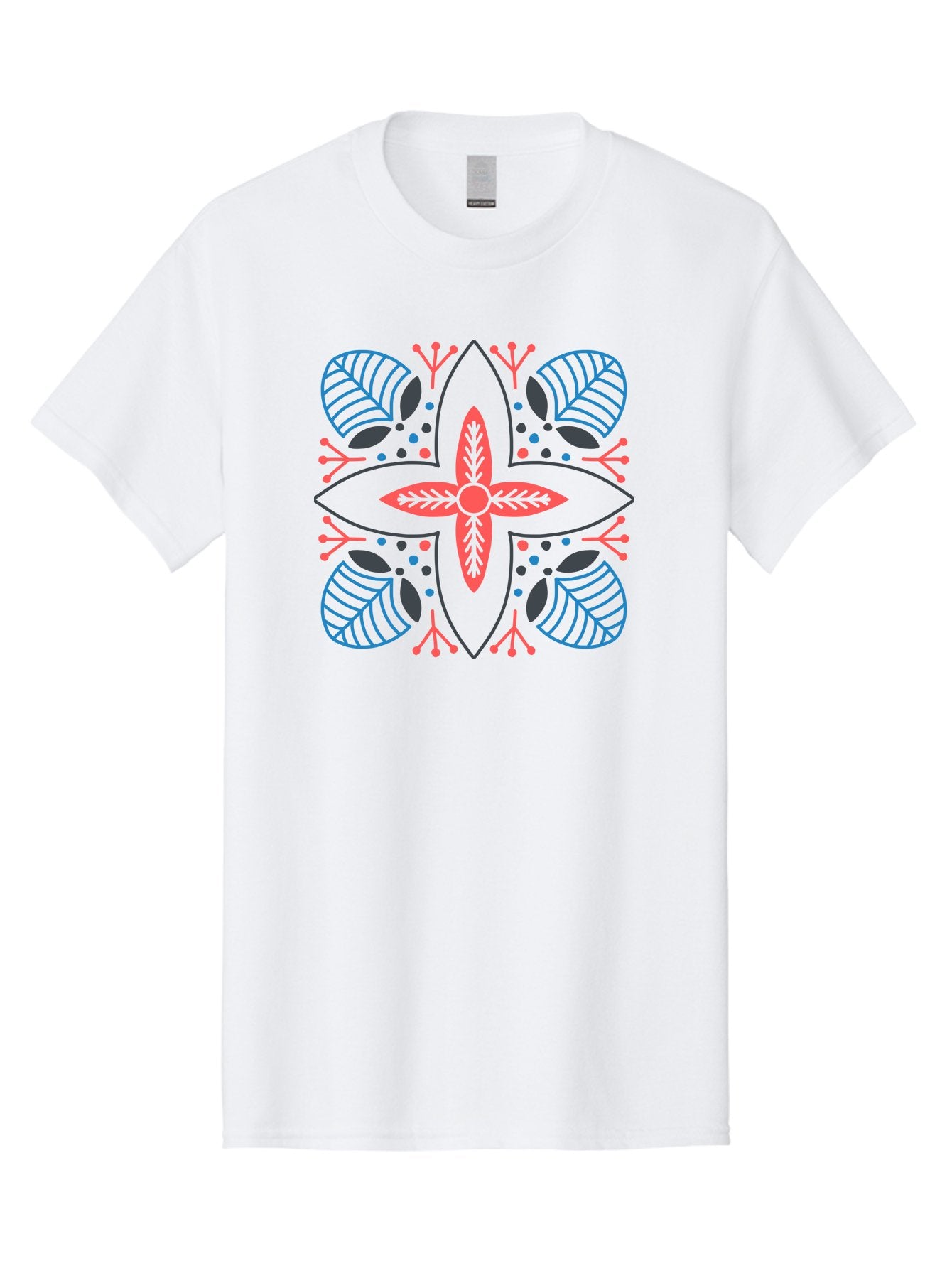 Rosette-Pattern Men'S Graphic Tee, 100% Cotton, Comfortable Casual Summer Wear, Machine Washable, Symmetrical Floral Design, Red And Blue Petals, White Background, Black Outlines, Leaf Patterns, Colorful Dots, Abstract Art, Decorative Motif, Aab790 4
