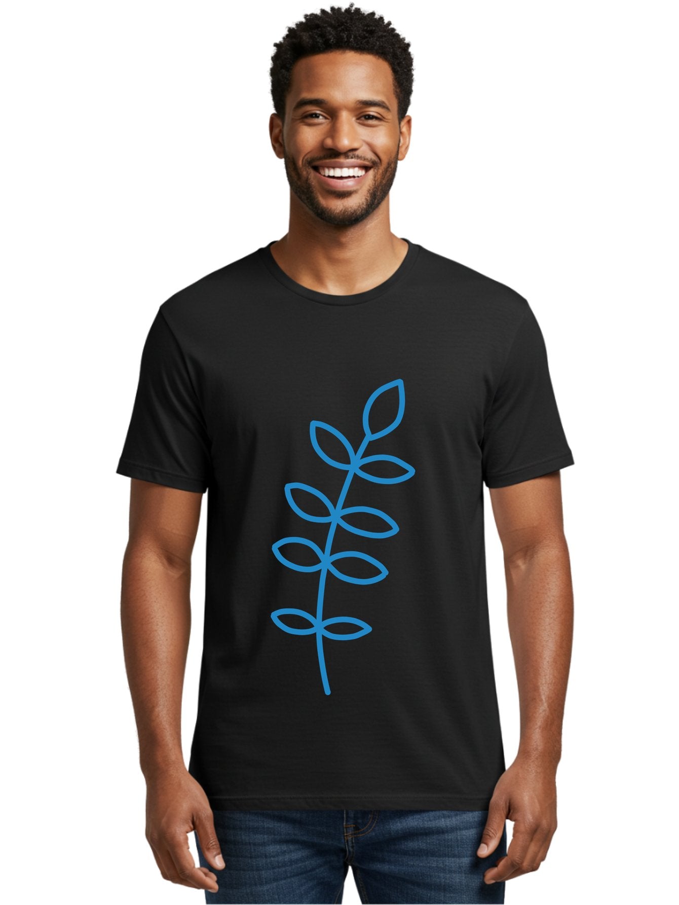 Stem-With-Leaves Men'S Graphic Tee, 100% Cotton, Comfortable Casual Summer Wear, Machine Washable, Simple Drawing, Blue Stem, Leaves, Minimalist Design, Stylized Plant, Childlike Illustration, Simple Shapes, Botanical Elements, Aab793 17