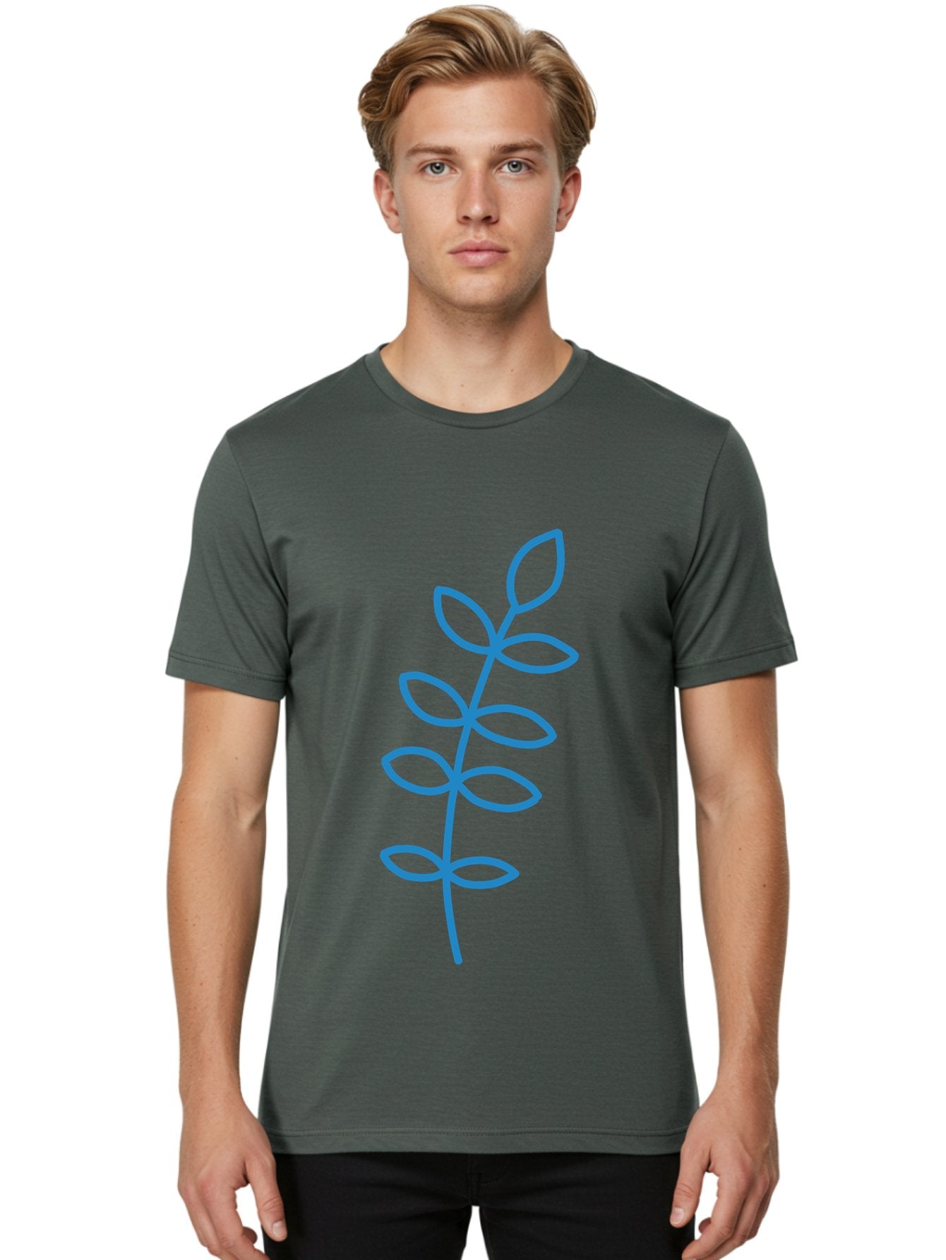 Stem-With-Leaves Men'S Graphic Tee, 100% Cotton, Comfortable Casual Summer Wear, Machine Washable, Simple Drawing, Blue Stem, Leaves, Minimalist Design, Stylized Plant, Childlike Illustration, Simple Shapes, Botanical Elements, Aab793 23
