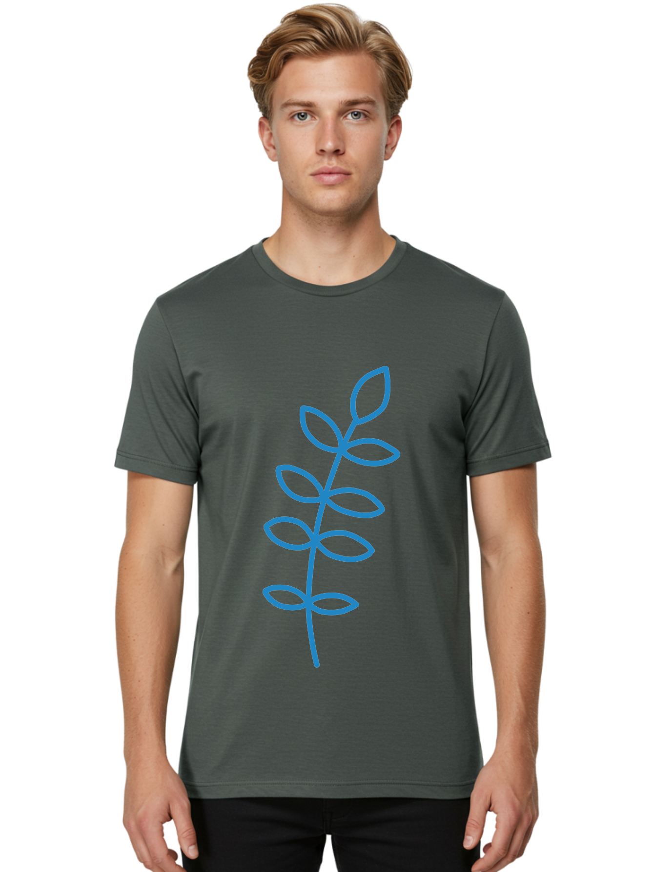 Stem-With-Leaves Men'S Graphic Tee, 100% Cotton, Comfortable Casual Summer Wear, Machine Washable, Simple Drawing, Blue Stem, Leaves, Minimalist Design, Stylized Plant, Childlike Illustration, Simple Shapes, Botanical Elements, Aab793 16