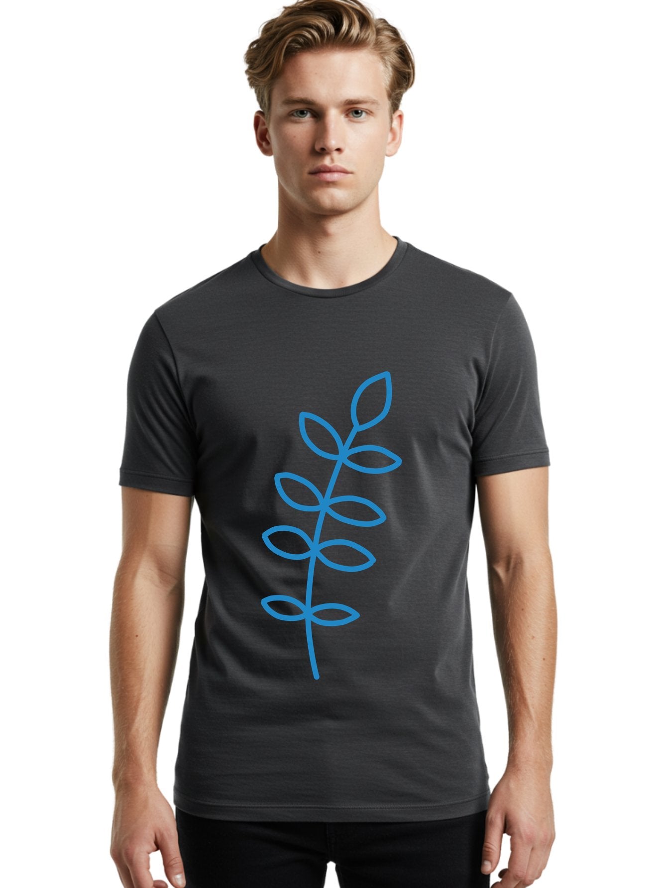 Stem-With-Leaves Men'S Graphic Tee, 100% Cotton, Comfortable Casual Summer Wear, Machine Washable, Simple Drawing, Blue Stem, Leaves, Minimalist Design, Stylized Plant, Childlike Illustration, Simple Shapes, Botanical Elements, Aab793 25