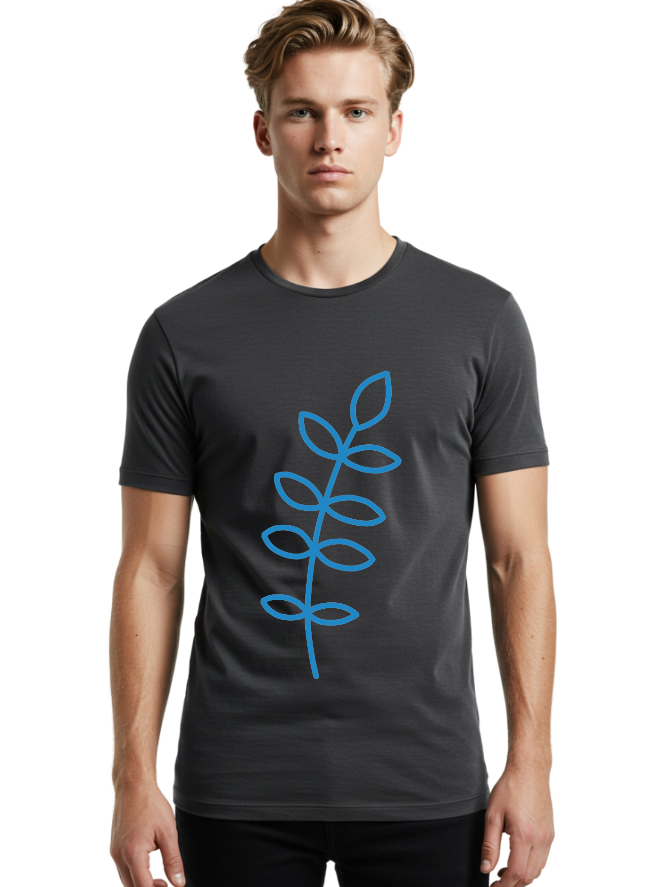 Stem-With-Leaves Men'S Graphic Tee, 100% Cotton, Comfortable Casual Summer Wear, Machine Washable, Simple Drawing, Blue Stem, Leaves, Minimalist Design, Stylized Plant, Childlike Illustration, Simple Shapes, Botanical Elements, Aab793 12