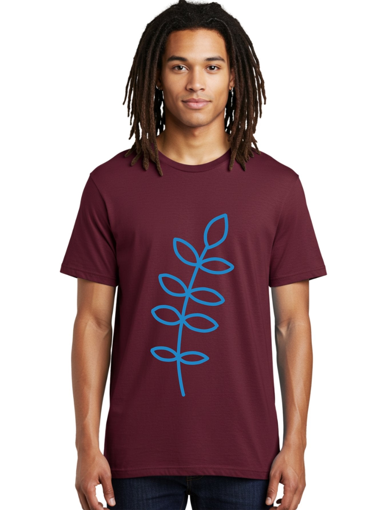 Stem-With-Leaves Men'S Graphic Tee, 100% Cotton, Comfortable Casual Summer Wear, Machine Washable, Simple Drawing, Blue Stem, Leaves, Minimalist Design, Stylized Plant, Childlike Illustration, Simple Shapes, Botanical Elements, Aab793 16
