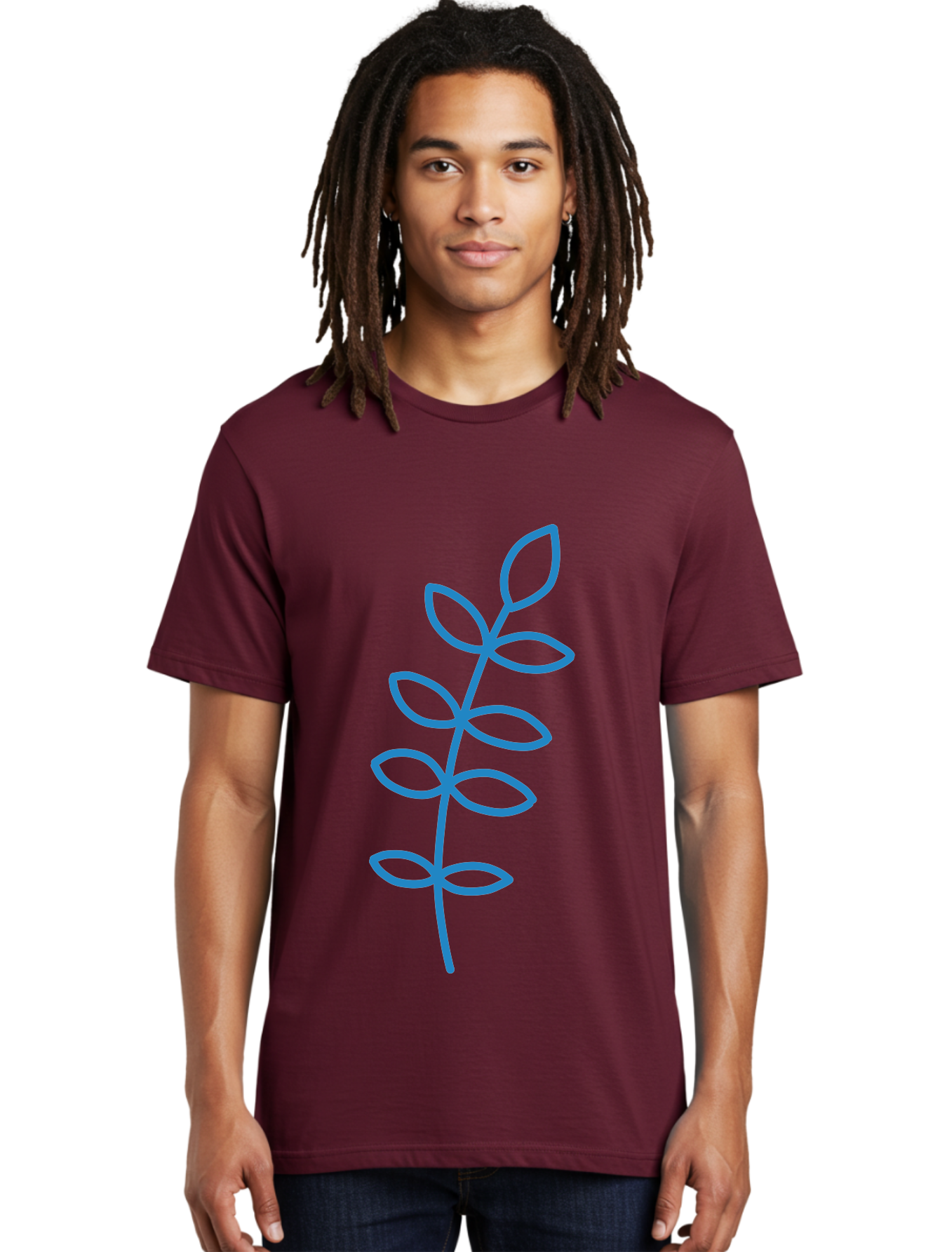 Stem-With-Leaves Men'S Graphic Tee, 100% Cotton, Comfortable Casual Summer Wear, Machine Washable, Simple Drawing, Blue Stem, Leaves, Minimalist Design, Stylized Plant, Childlike Illustration, Simple Shapes, Botanical Elements, Aab793 26