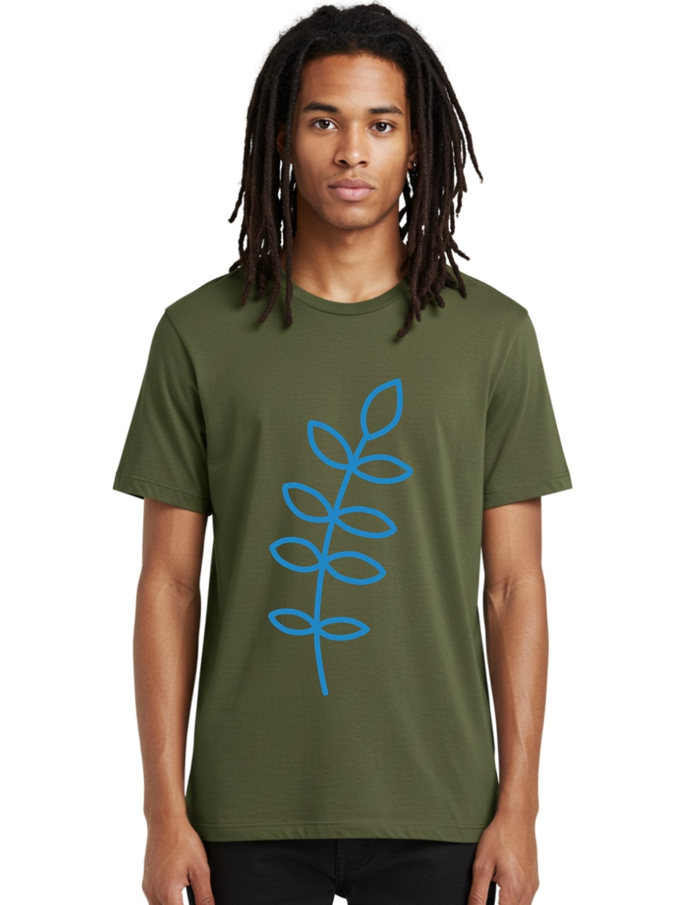 Stem-With-Leaves Men'S Graphic Tee, 100% Cotton, Comfortable Casual Summer Wear, Machine Washable, Simple Drawing, Blue Stem, Leaves, Minimalist Design, Stylized Plant, Childlike Illustration, Simple Shapes, Botanical Elements, Aab793 24