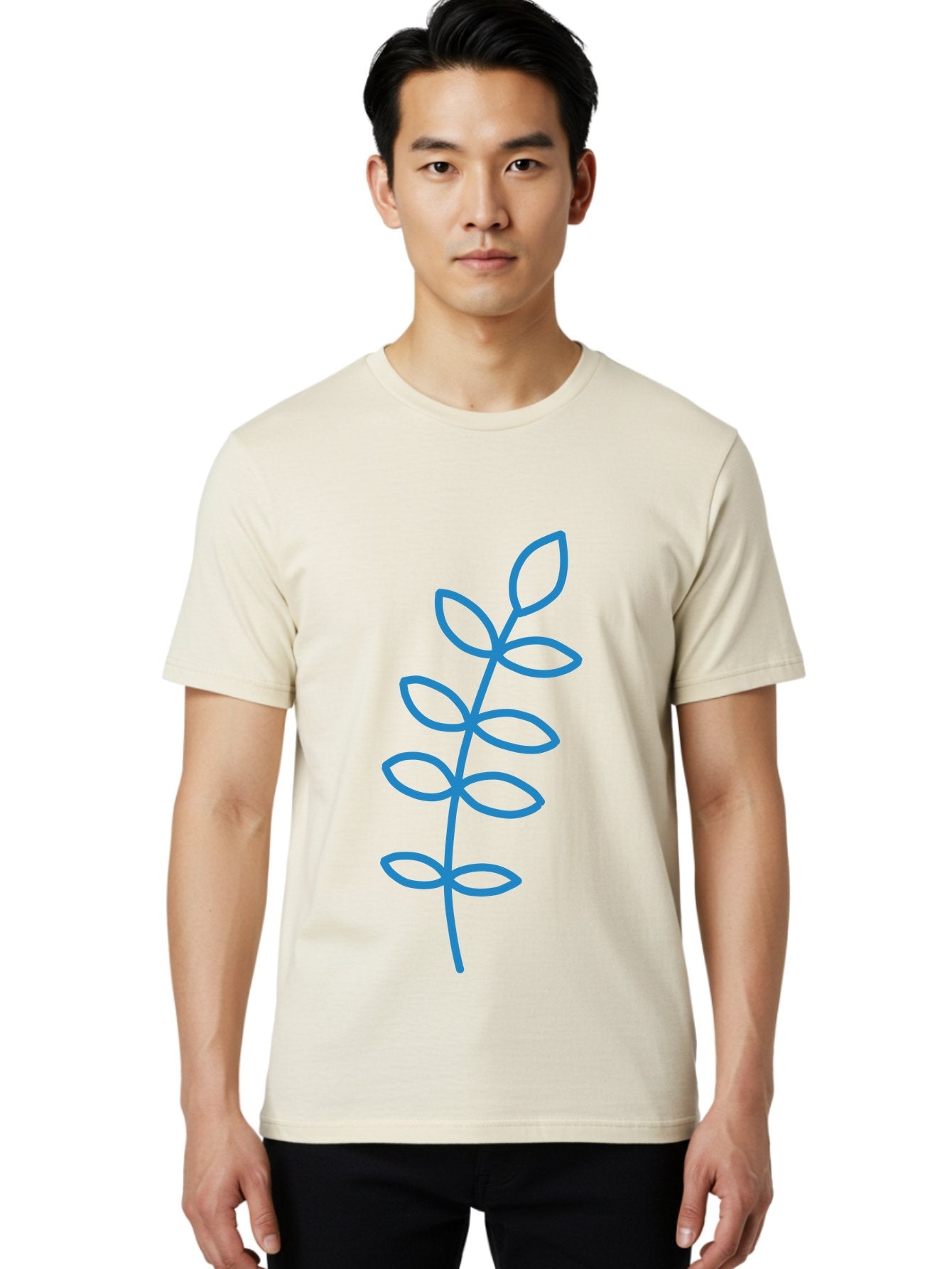Stem-With-Leaves Men'S Graphic Tee, 100% Cotton, Comfortable Casual Summer Wear, Machine Washable, Simple Drawing, Blue Stem, Leaves, Minimalist Design, Stylized Plant, Childlike Illustration, Simple Shapes, Botanical Elements, Aab793 18