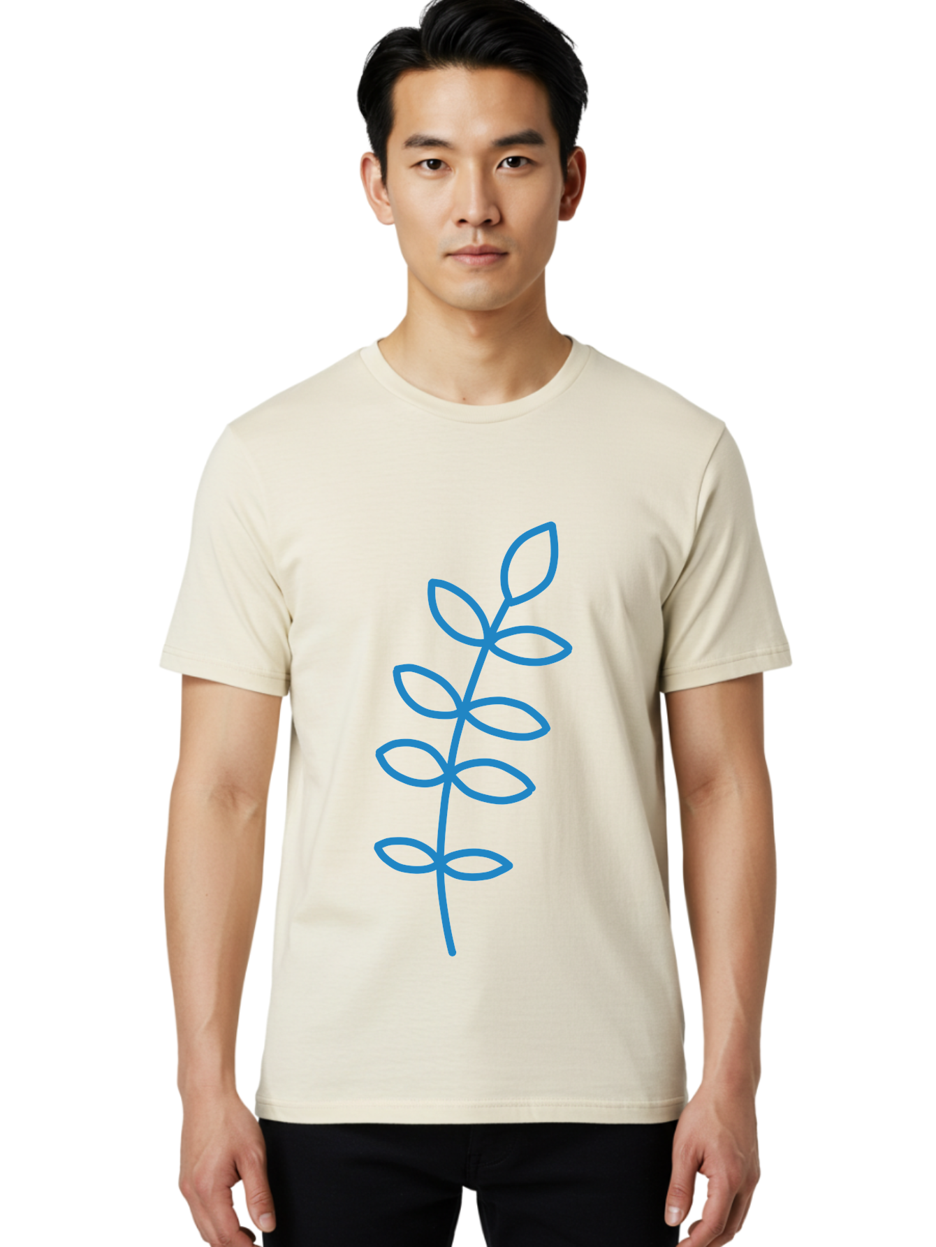 Stem-With-Leaves Men'S Graphic Tee, 100% Cotton, Comfortable Casual Summer Wear, Machine Washable, Simple Drawing, Blue Stem, Leaves, Minimalist Design, Stylized Plant, Childlike Illustration, Simple Shapes, Botanical Elements, Aab793 24