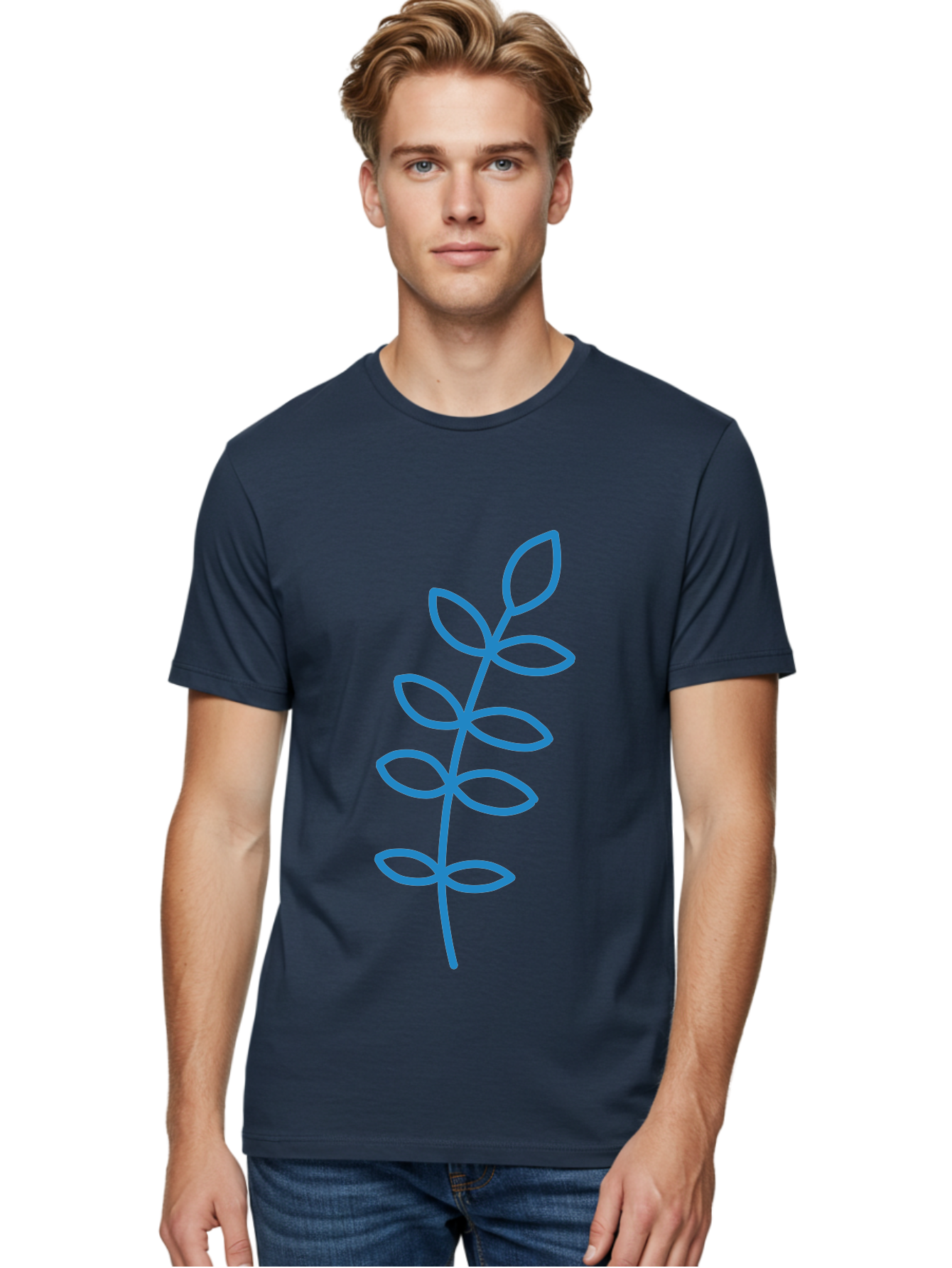 Stem-With-Leaves Men'S Graphic Tee, 100% Cotton, Comfortable Casual Summer Wear, Machine Washable, Simple Drawing, Blue Stem, Leaves, Minimalist Design, Stylized Plant, Childlike Illustration, Simple Shapes, Botanical Elements, Aab793 30