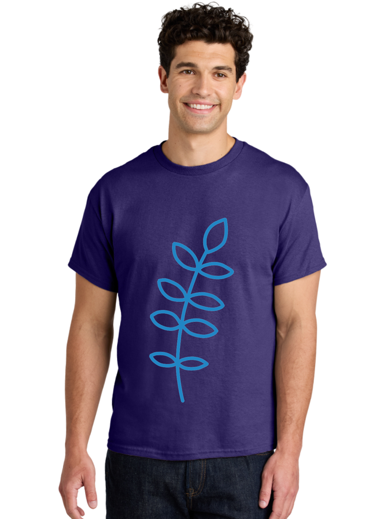 Stem-With-Leaves Men'S Graphic Tee, 100% Cotton, Comfortable Casual Summer Wear, Machine Washable, Simple Drawing, Blue Stem, Leaves, Minimalist Design, Stylized Plant, Childlike Illustration, Simple Shapes, Botanical Elements, Aab793 20