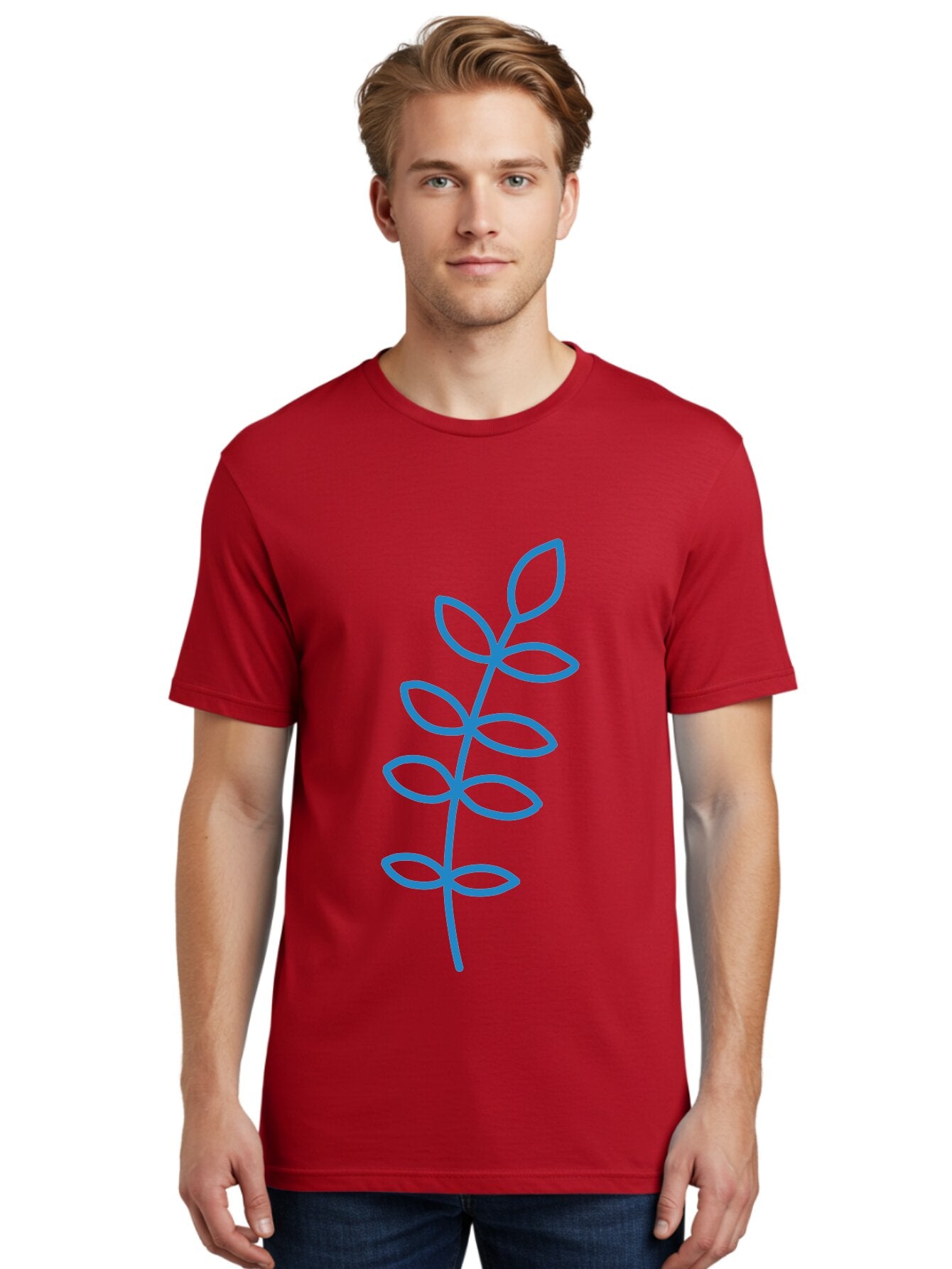 Stem-With-Leaves Men'S Graphic Tee, 100% Cotton, Comfortable Casual Summer Wear, Machine Washable, Simple Drawing, Blue Stem, Leaves, Minimalist Design, Stylized Plant, Childlike Illustration, Simple Shapes, Botanical Elements, Aab793 28