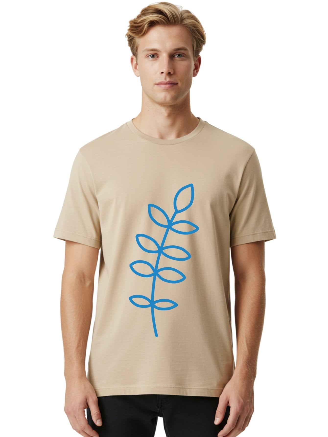 Stem-With-Leaves Men'S Graphic Tee, 100% Cotton, Comfortable Casual Summer Wear, Machine Washable, Simple Drawing, Blue Stem, Leaves, Minimalist Design, Stylized Plant, Childlike Illustration, Simple Shapes, Botanical Elements, Aab793 19