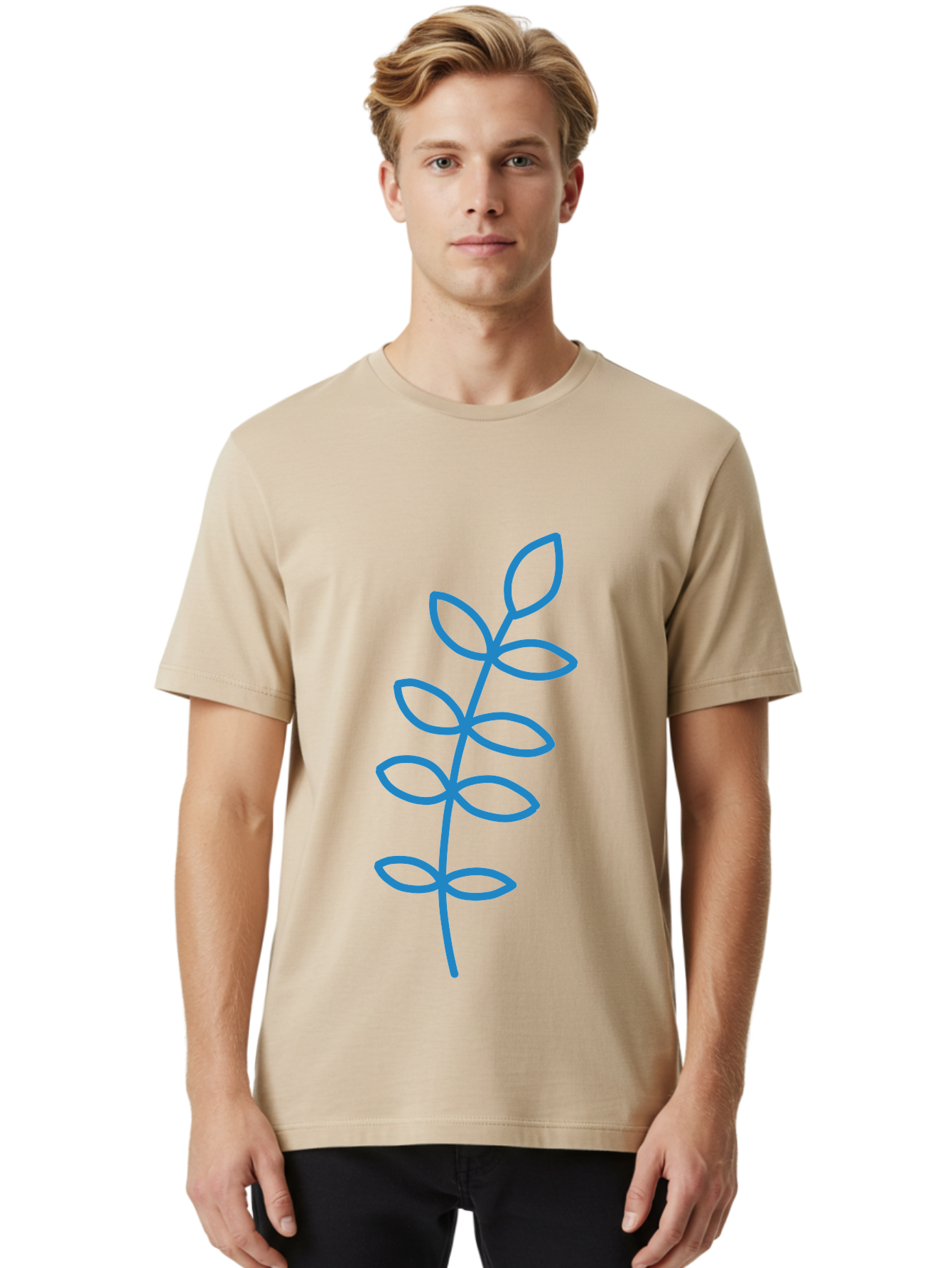 Stem-With-Leaves Men'S Graphic Tee, 100% Cotton, Comfortable Casual Summer Wear, Machine Washable, Simple Drawing, Blue Stem, Leaves, Minimalist Design, Stylized Plant, Childlike Illustration, Simple Shapes, Botanical Elements, Aab793 22