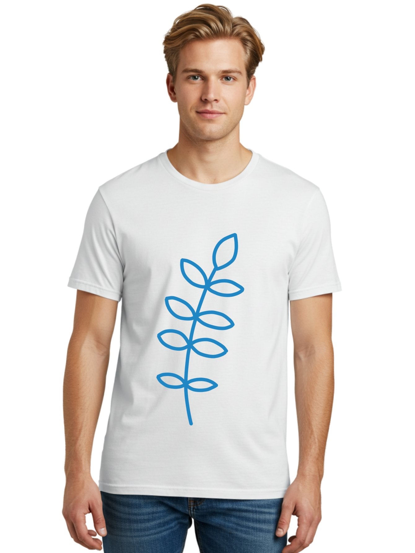 Stem-With-Leaves Men'S Graphic Tee, 100% Cotton, Comfortable Casual Summer Wear, Machine Washable, Simple Drawing, Blue Stem, Leaves, Minimalist Design, Stylized Plant, Childlike Illustration, Simple Shapes, Botanical Elements, Aab793 22