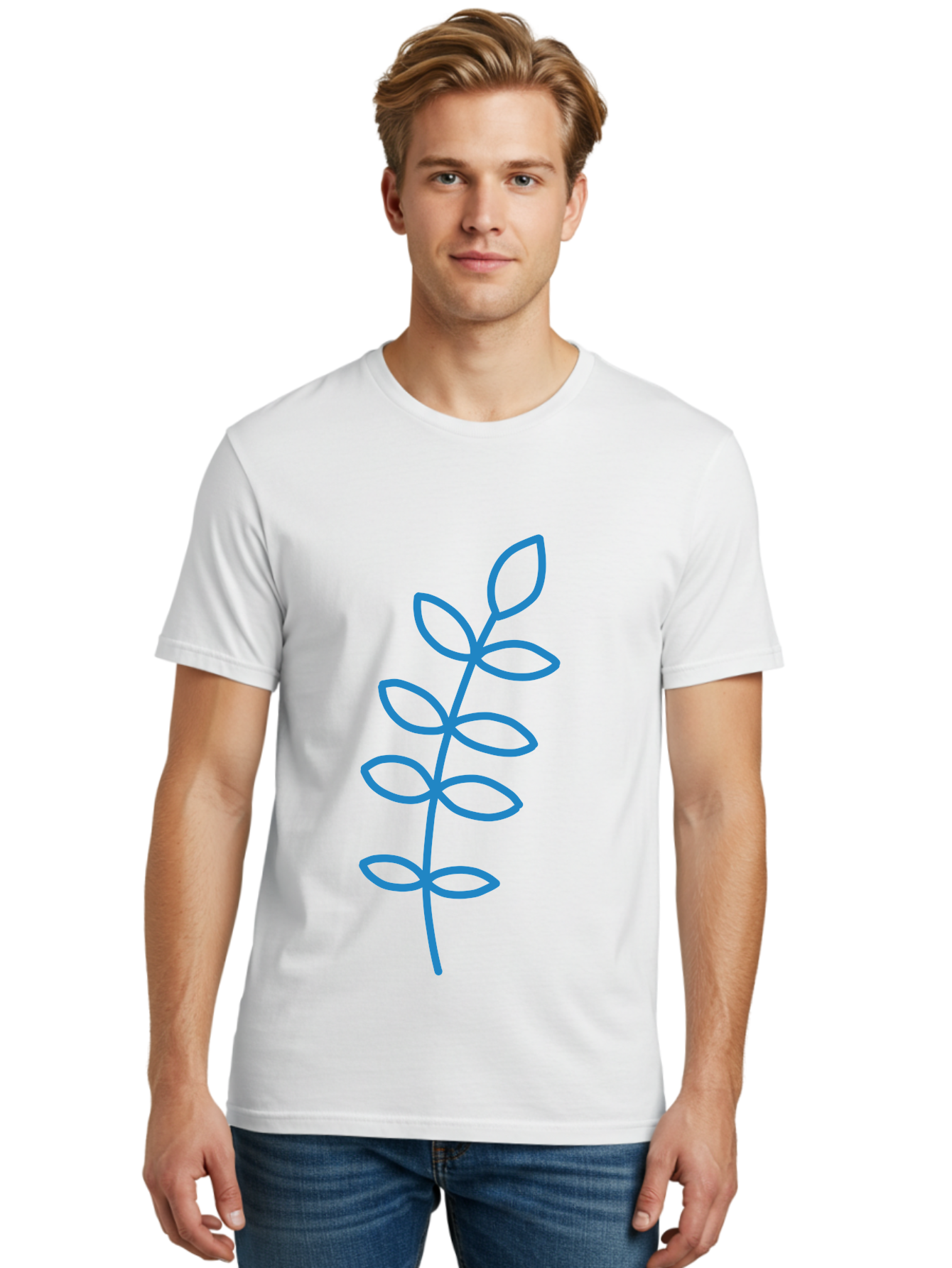 Stem-With-Leaves Men'S Graphic Tee, 100% Cotton, Comfortable Casual Summer Wear, Machine Washable, Simple Drawing, Blue Stem, Leaves, Minimalist Design, Stylized Plant, Childlike Illustration, Simple Shapes, Botanical Elements, Aab793 18