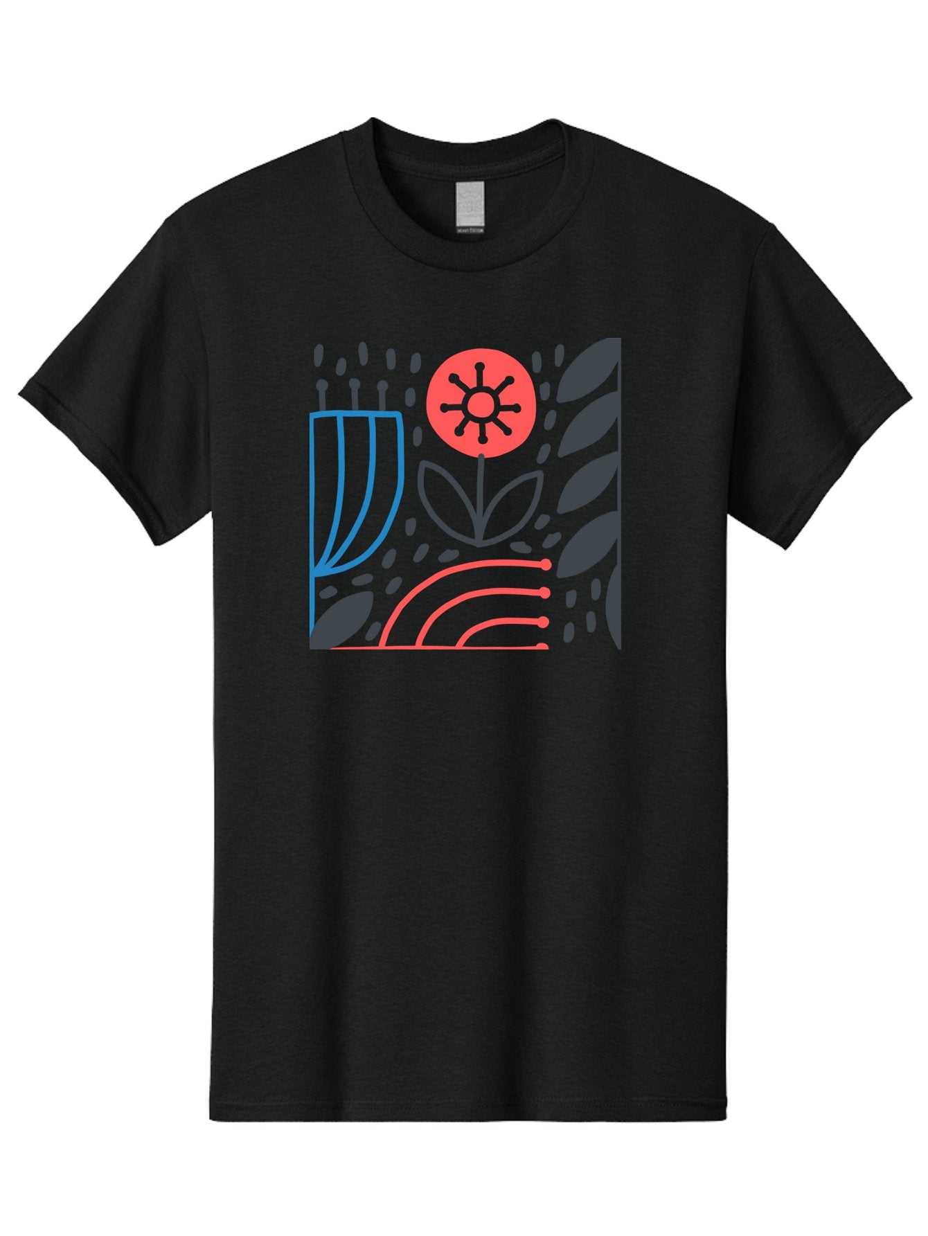 Stylized-Flower-And-Leaves Men'S Graphic Tee, 100% Cotton, Comfortable Casual Summer Wear, Machine Washable, Menorah With Candles, Flower Blooming, Abstract Shapes, Red And Blue Lines, Black Leaves, White Background, Symbolic Artwork, Judaism, Aab795 4
