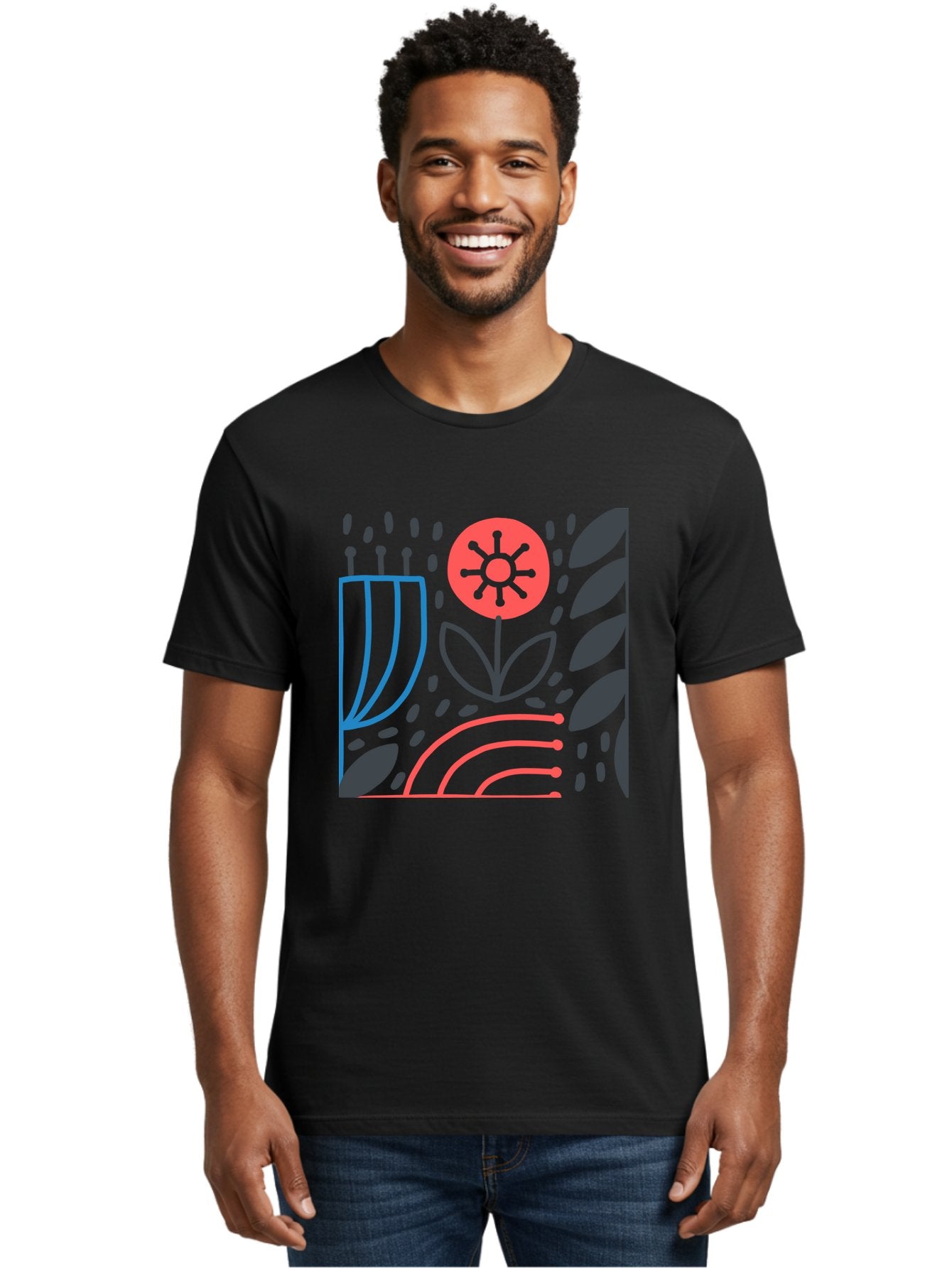 Stylized-Flower-And-Leaves Men'S Graphic Tee, 100% Cotton, Comfortable Casual Summer Wear, Machine Washable, Menorah With Candles, Flower Blooming, Abstract Shapes, Red And Blue Lines, Black Leaves, White Background, Symbolic Artwork, Judaism, Aab795 18