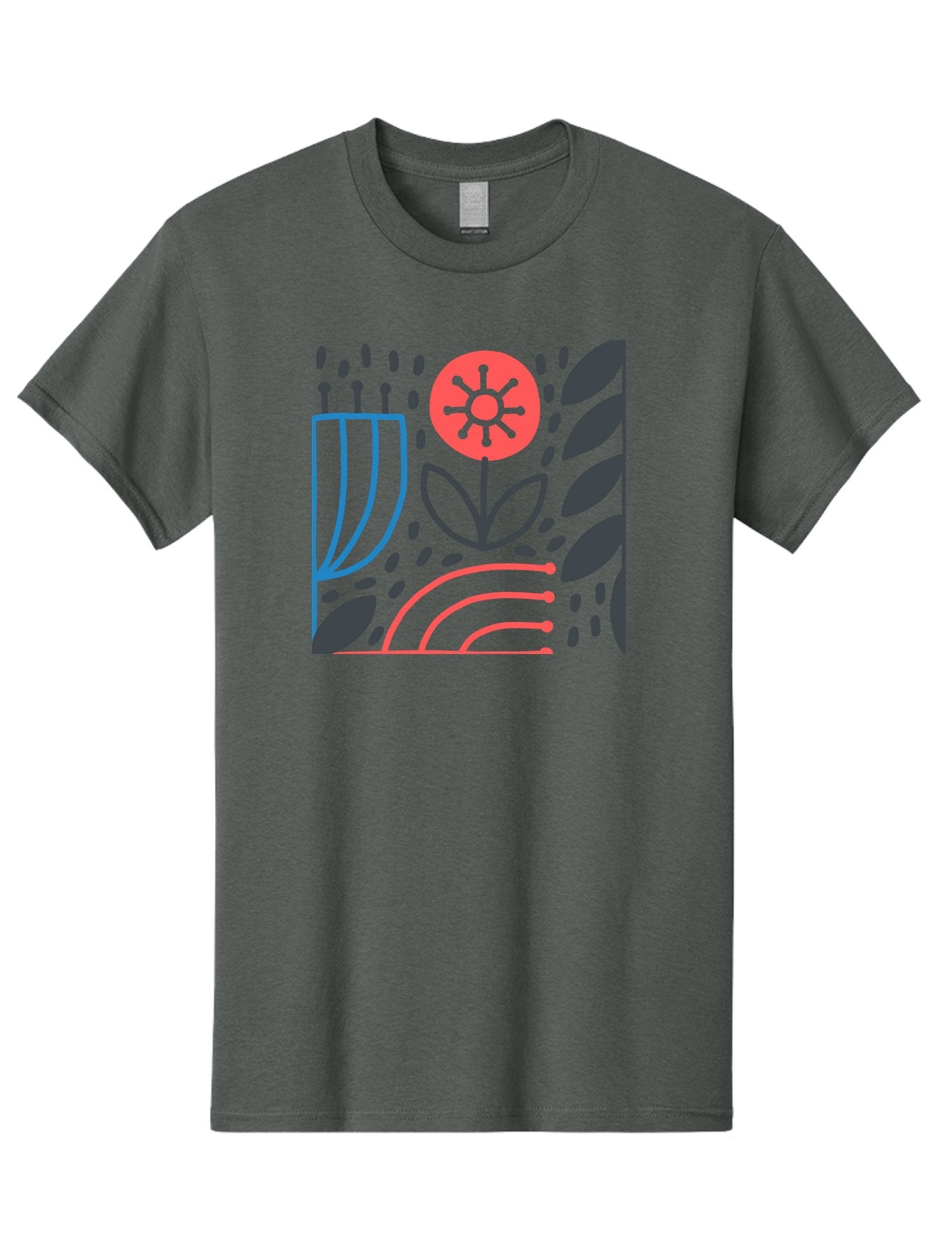 Stylized-Flower-And-Leaves Men'S Graphic Tee, 100% Cotton, Comfortable Casual Summer Wear, Machine Washable, Menorah With Candles, Flower Blooming, Abstract Shapes, Red And Blue Lines, Black Leaves, White Background, Symbolic Artwork, Judaism, Aab795