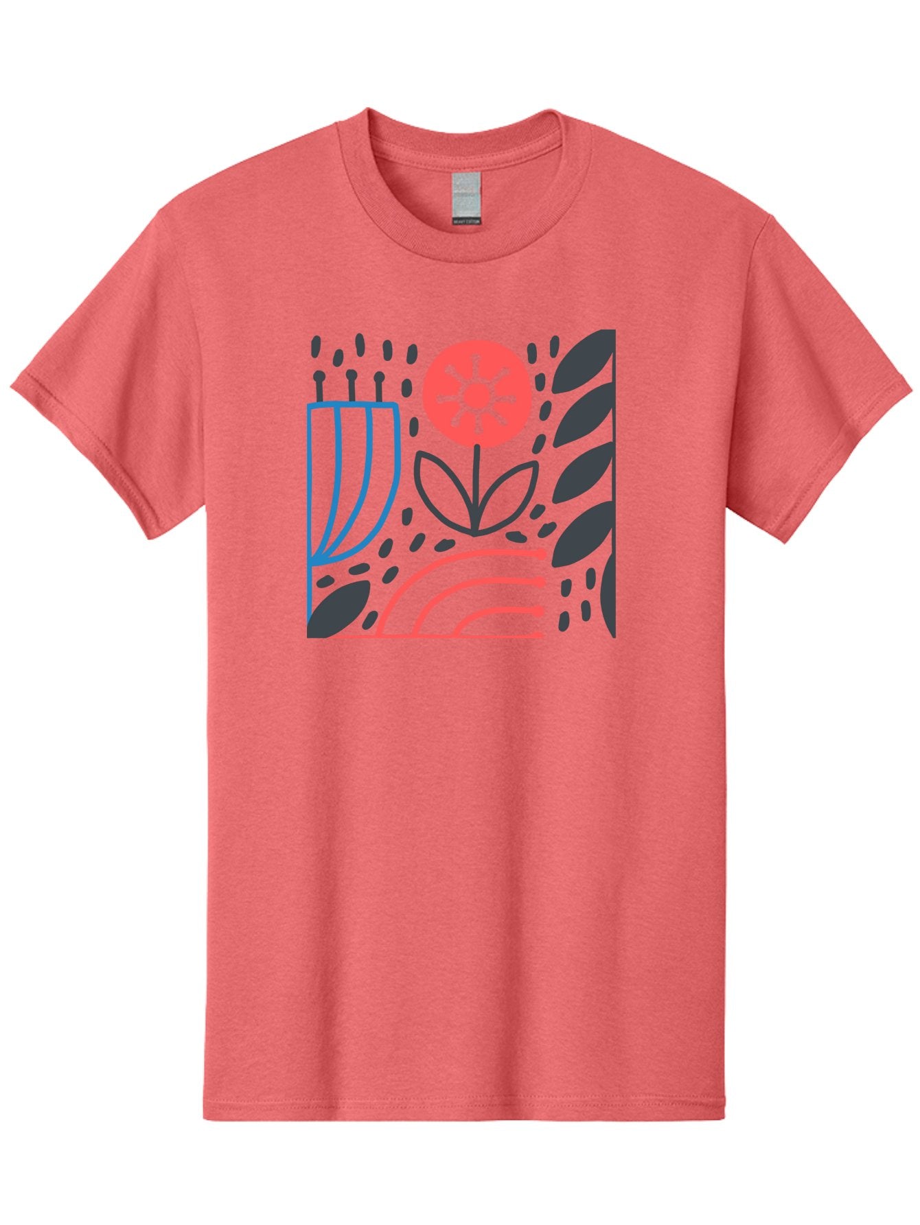 Stylized-Flower-And-Leaves Men'S Graphic Tee, 100% Cotton, Comfortable Casual Summer Wear, Machine Washable, Menorah With Candles, Flower Blooming, Abstract Shapes, Red And Blue Lines, Black Leaves, White Background, Symbolic Artwork, Judaism, Aab795 12