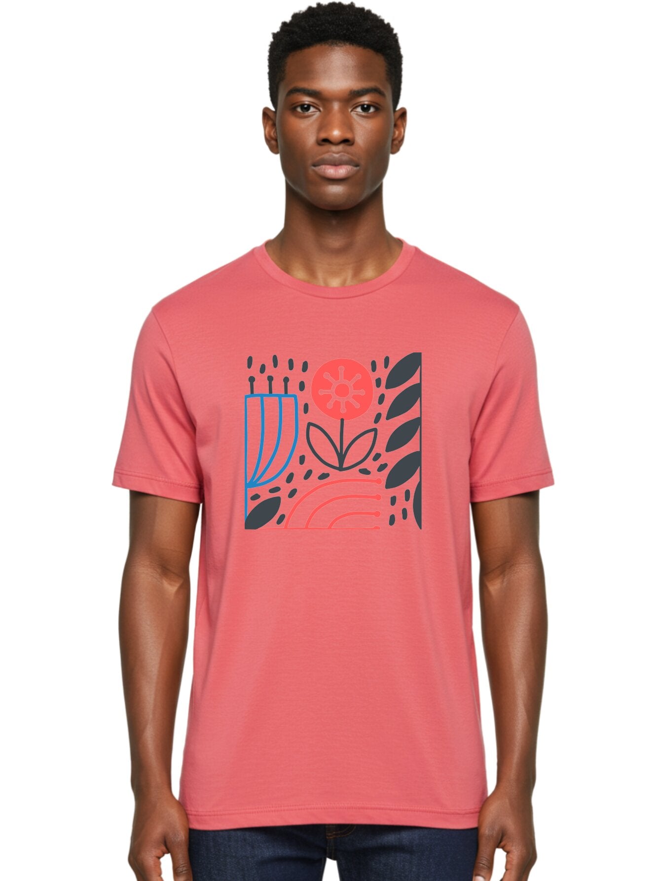 Stylized-Flower-And-Leaves Men'S Graphic Tee, 100% Cotton, Comfortable Casual Summer Wear, Machine Washable, Menorah With Candles, Flower Blooming, Abstract Shapes, Red And Blue Lines, Black Leaves, White Background, Symbolic Artwork, Judaism, Aab795 28