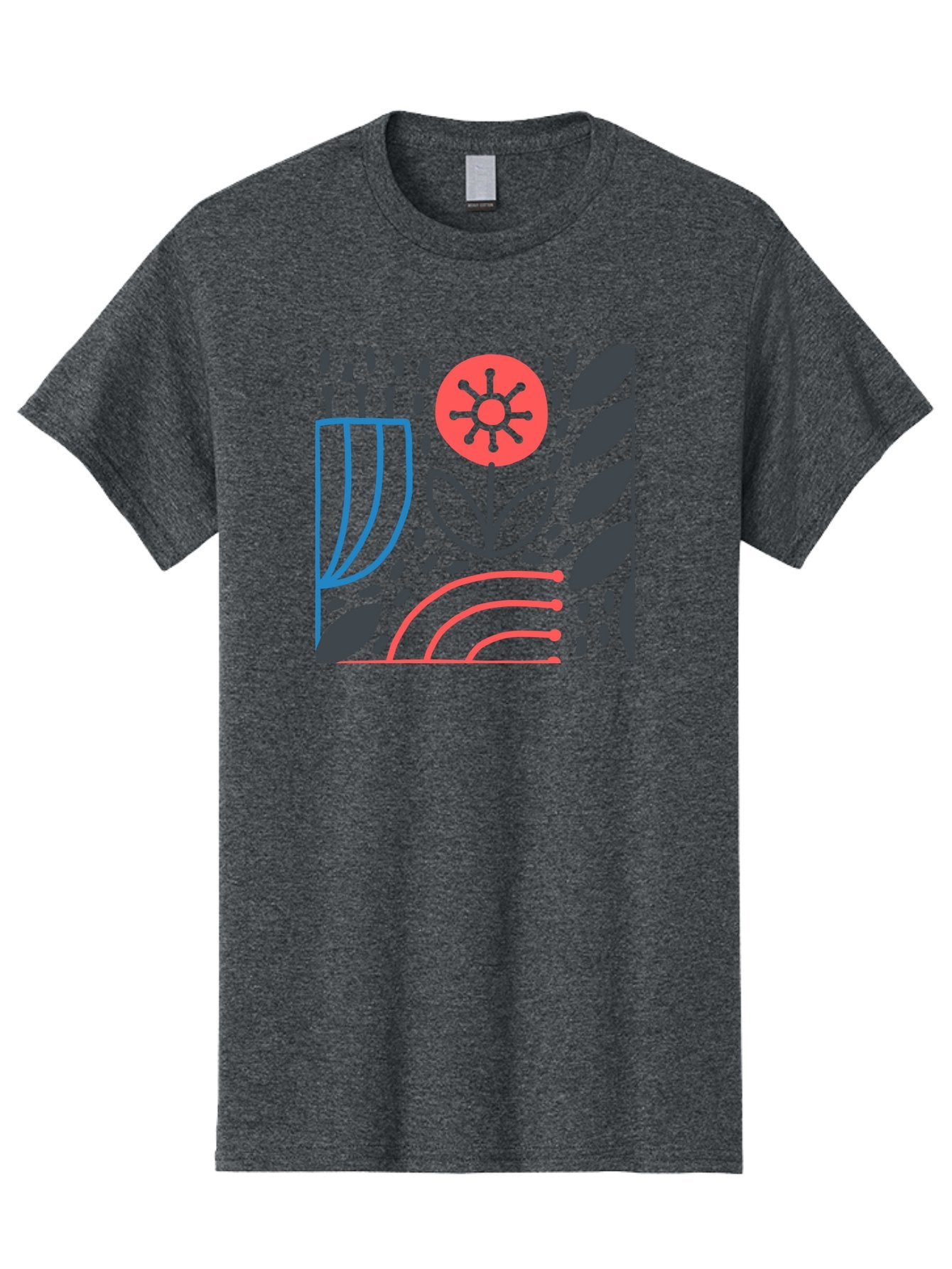 Stylized-Flower-And-Leaves Men'S Graphic Tee, 100% Cotton, Comfortable Casual Summer Wear, Machine Washable, Menorah With Candles, Flower Blooming, Abstract Shapes, Red And Blue Lines, Black Leaves, White Background, Symbolic Artwork, Judaism, Aab795 3