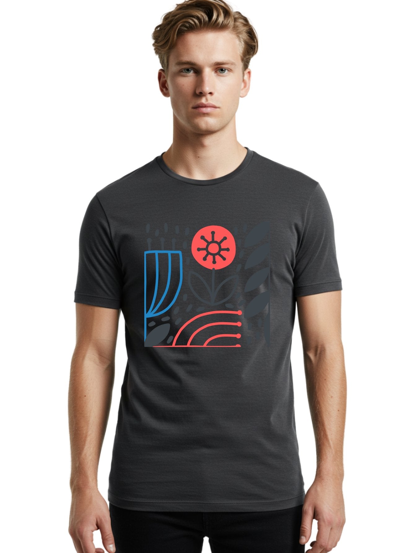 Stylized-Flower-And-Leaves Men'S Graphic Tee, 100% Cotton, Comfortable Casual Summer Wear, Machine Washable, Menorah With Candles, Flower Blooming, Abstract Shapes, Red And Blue Lines, Black Leaves, White Background, Symbolic Artwork, Judaism, Aab795 22