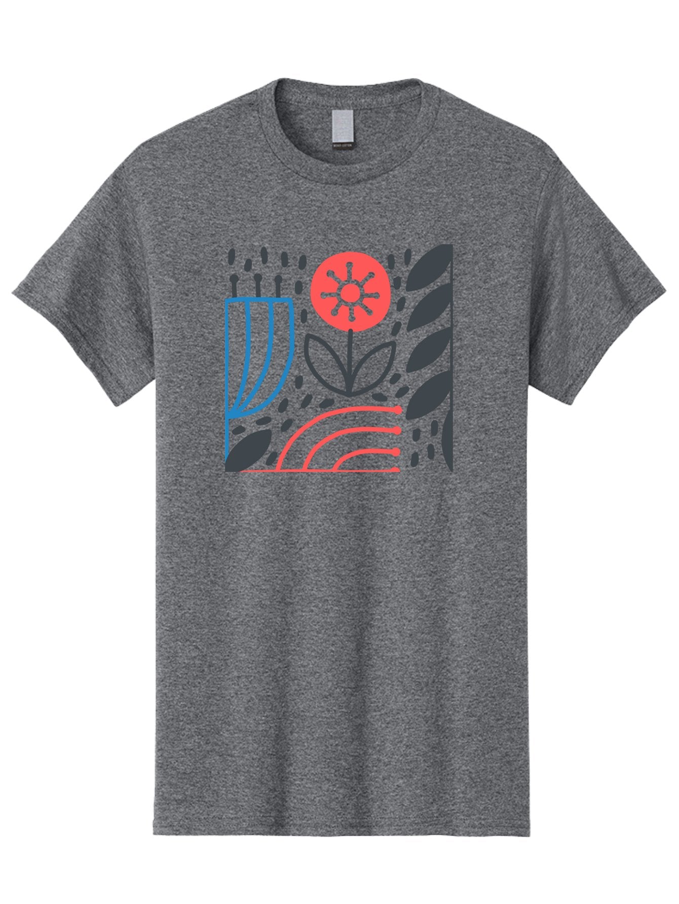 Stylized-Flower-And-Leaves Men'S Graphic Tee, 100% Cotton, Comfortable Casual Summer Wear, Machine Washable, Menorah With Candles, Flower Blooming, Abstract Shapes, Red And Blue Lines, Black Leaves, White Background, Symbolic Artwork, Judaism, Aab795 10