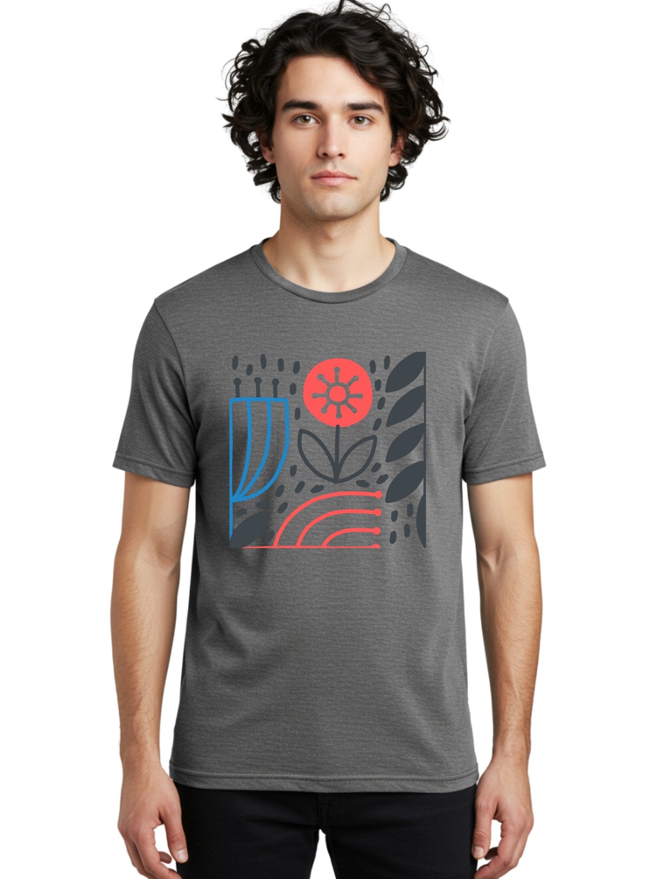 Stylized-Flower-And-Leaves Men'S Graphic Tee, 100% Cotton, Comfortable Casual Summer Wear, Machine Washable, Menorah With Candles, Flower Blooming, Abstract Shapes, Red And Blue Lines, Black Leaves, White Background, Symbolic Artwork, Judaism, Aab795 17