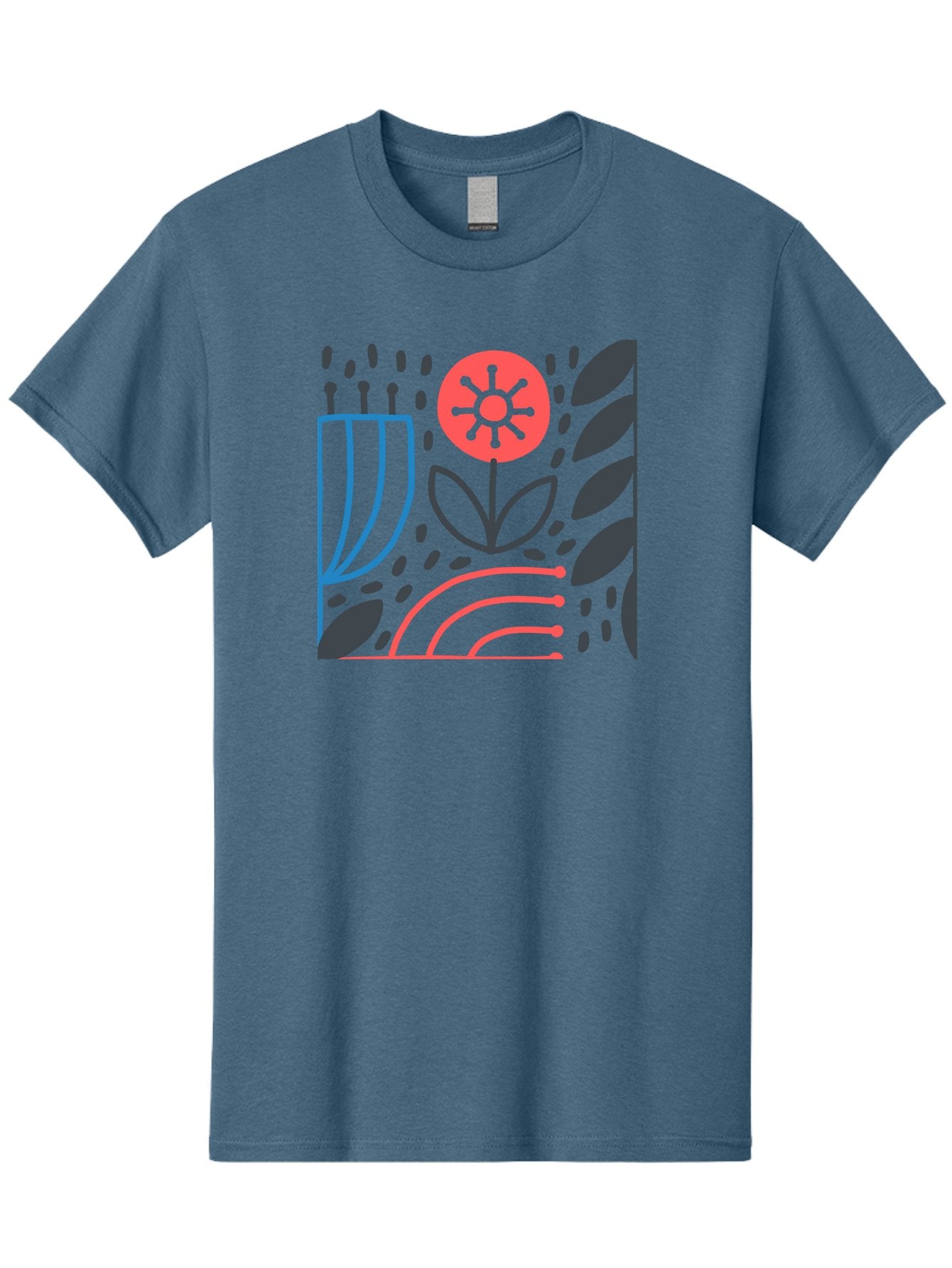 Stylized-Flower-And-Leaves Men'S Graphic Tee, 100% Cotton, Comfortable Casual Summer Wear, Machine Washable, Menorah With Candles, Flower Blooming, Abstract Shapes, Red And Blue Lines, Black Leaves, White Background, Symbolic Artwork, Judaism, Aab795 15