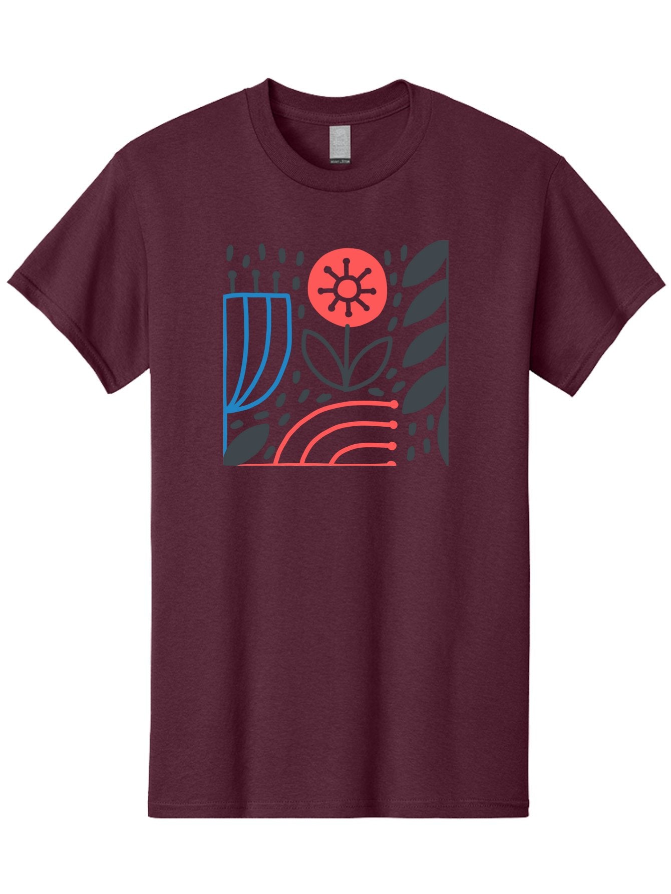 Stylized-Flower-And-Leaves Men'S Graphic Tee, 100% Cotton, Comfortable Casual Summer Wear, Machine Washable, Menorah With Candles, Flower Blooming, Abstract Shapes, Red And Blue Lines, Black Leaves, White Background, Symbolic Artwork, Judaism, Aab795 14